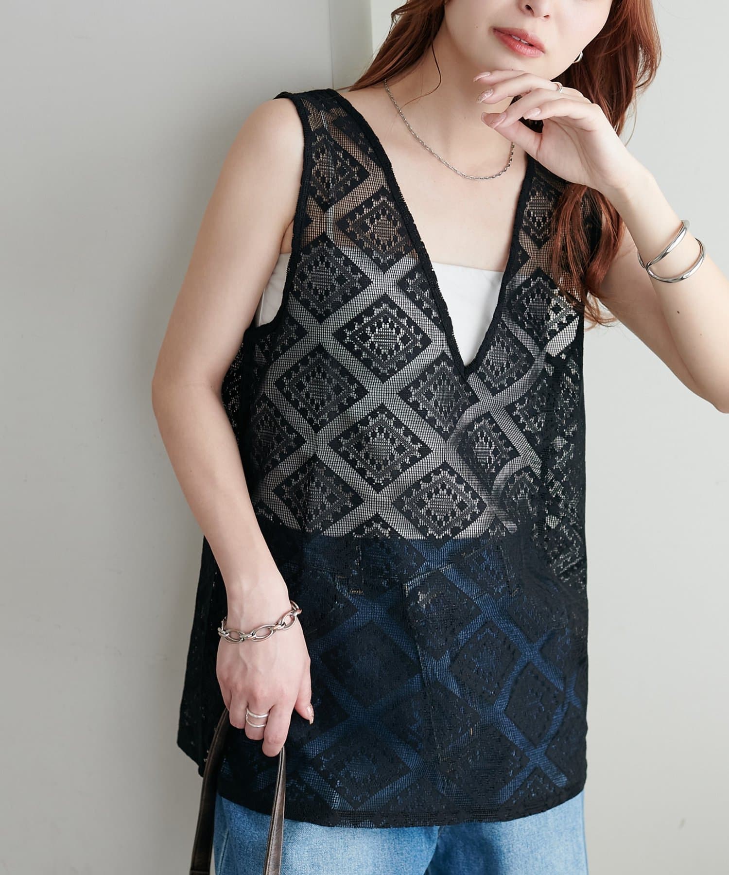 DISCOAT(ディスコート) 【WEB限定】ダイヤ柄レースベスト