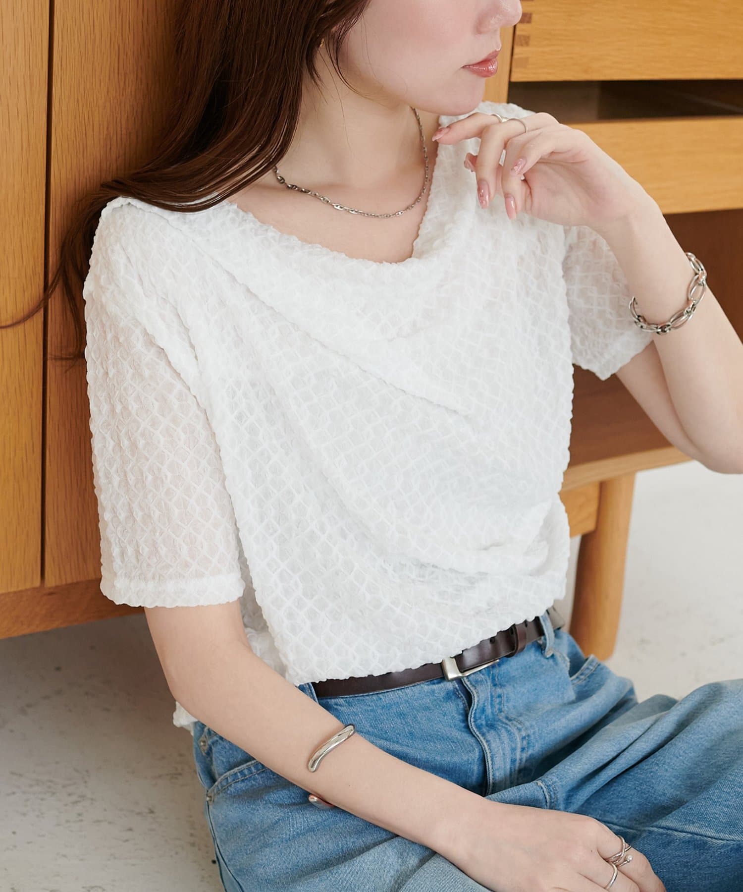 DISCOAT(ディスコート) 【WEB限定】ジャガードドレープ半袖プルオーバー