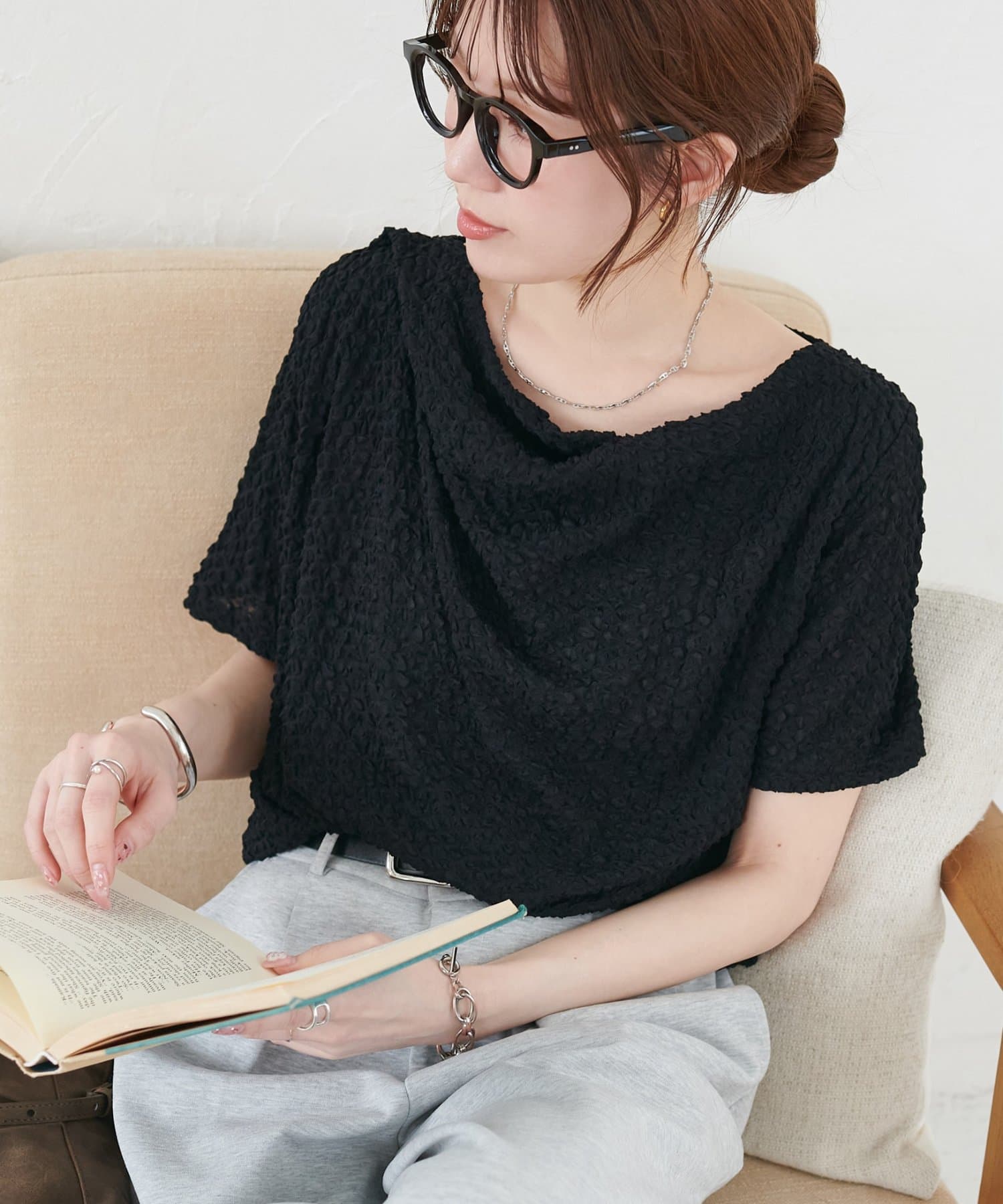 DISCOAT(ディスコート) 【WEB限定】ジャガードドレープ半袖プルオーバー