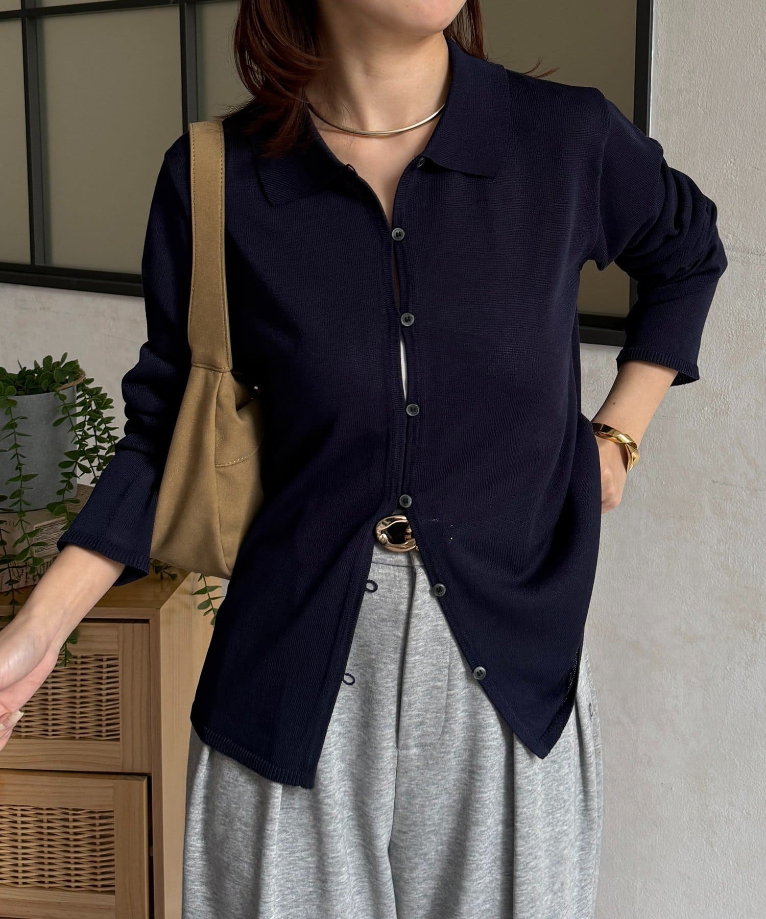 Thevon.(ゼヴォン) 襟付きシャリニットカーディガン