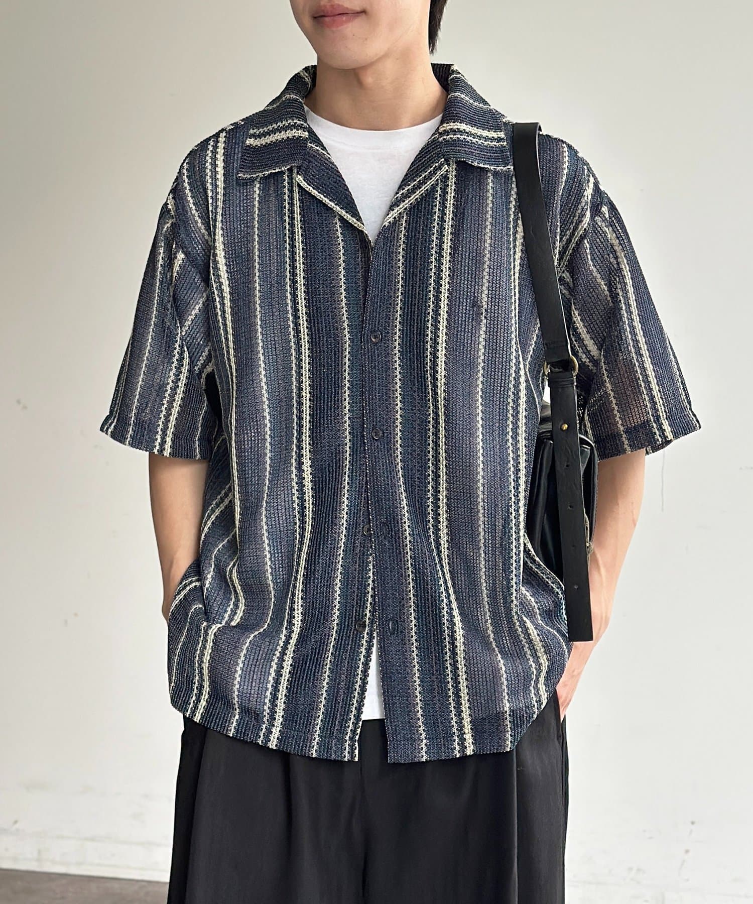 CPCM(シーピーシーエム) カラミストライプ半袖開襟シャツ