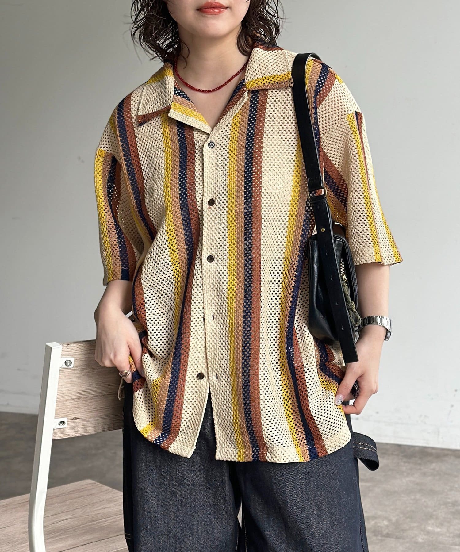 CPCM(シーピーシーエム) カラミストライプ半袖開襟シャツ