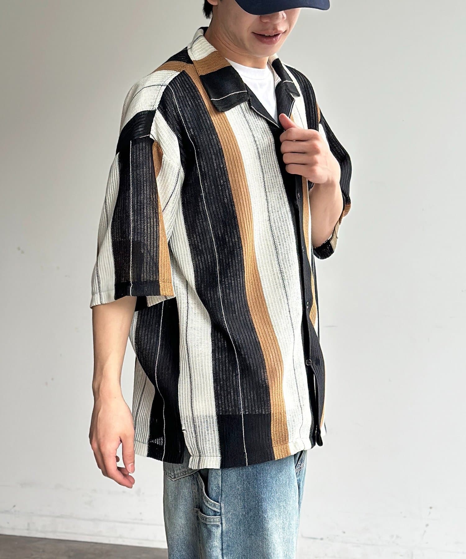 CPCM(シーピーシーエム) カラミストライプ半袖開襟シャツ