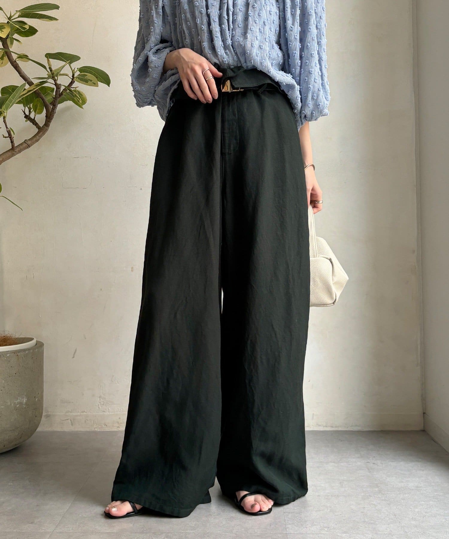 DOUDOU(ドゥドゥ) ウエストギャザーリネン混パンツ