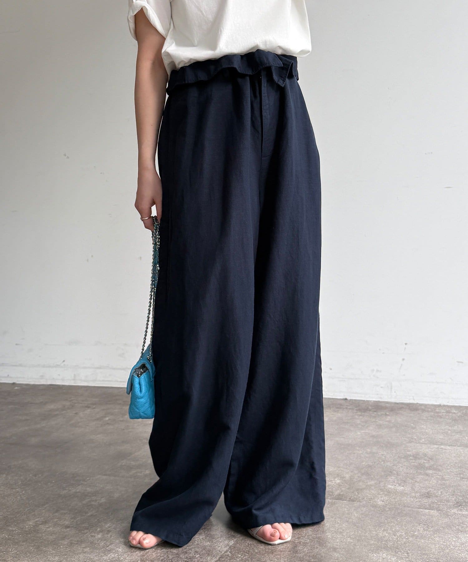 DOUDOU(ドゥドゥ) ウエストギャザーリネン混パンツ