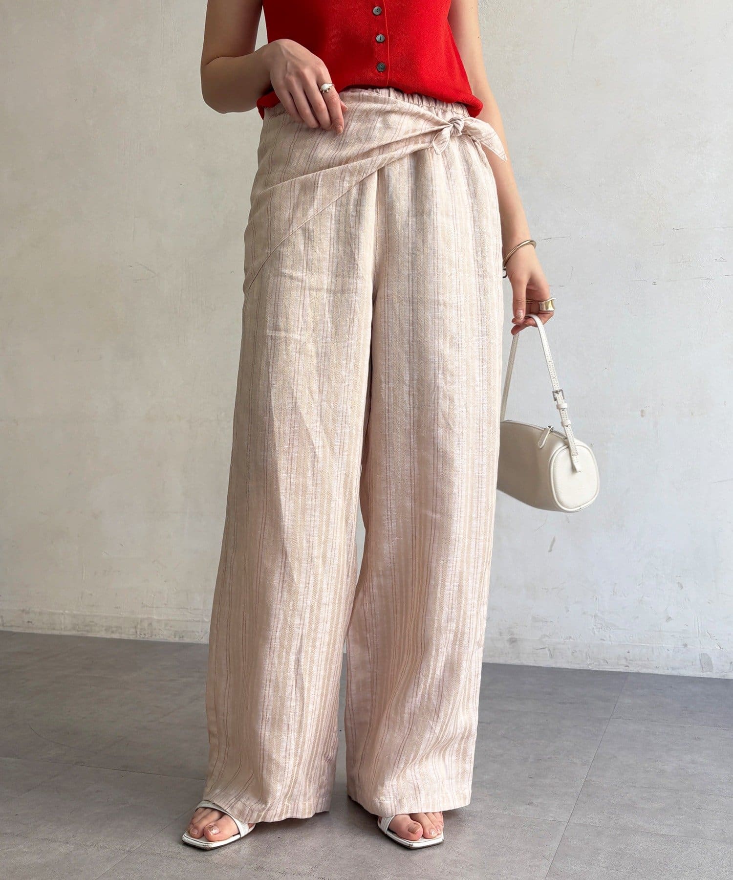 DOUDOU(ドゥドゥ) リネン混ストライプストール付パンツ