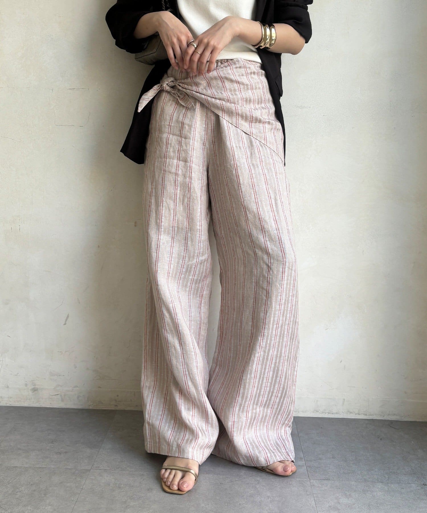 DOUDOU(ドゥドゥ) リネン混ストライプストール付パンツ