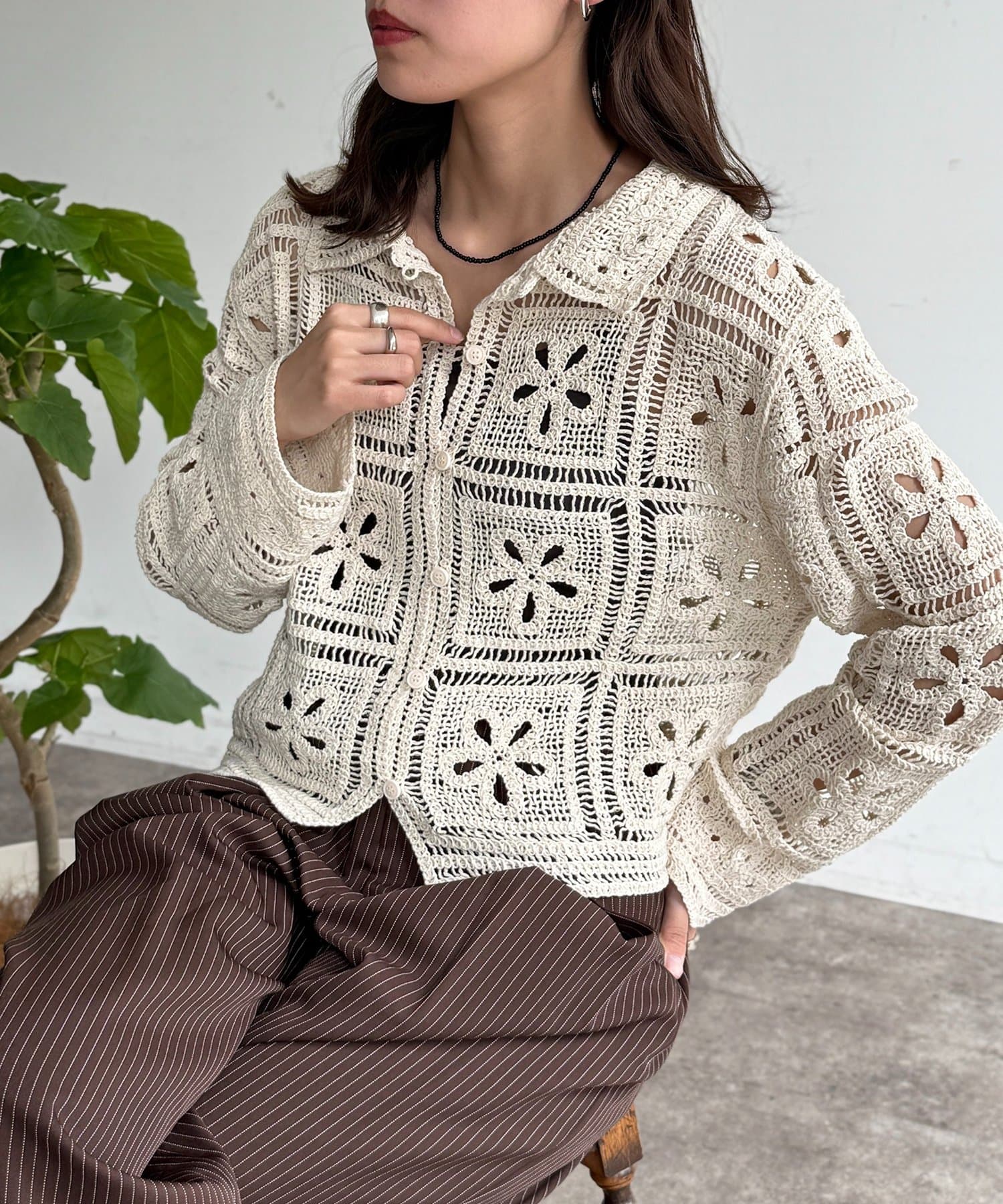 CPCM(シーピーシーエム) 襟付きクロシェカーディガン