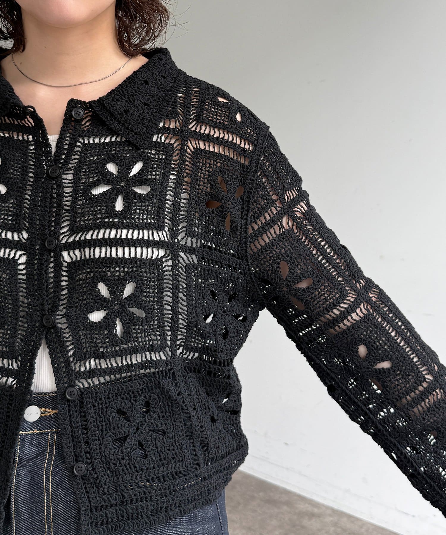 CPCM(シーピーシーエム) 襟付きクロシェカーディガン