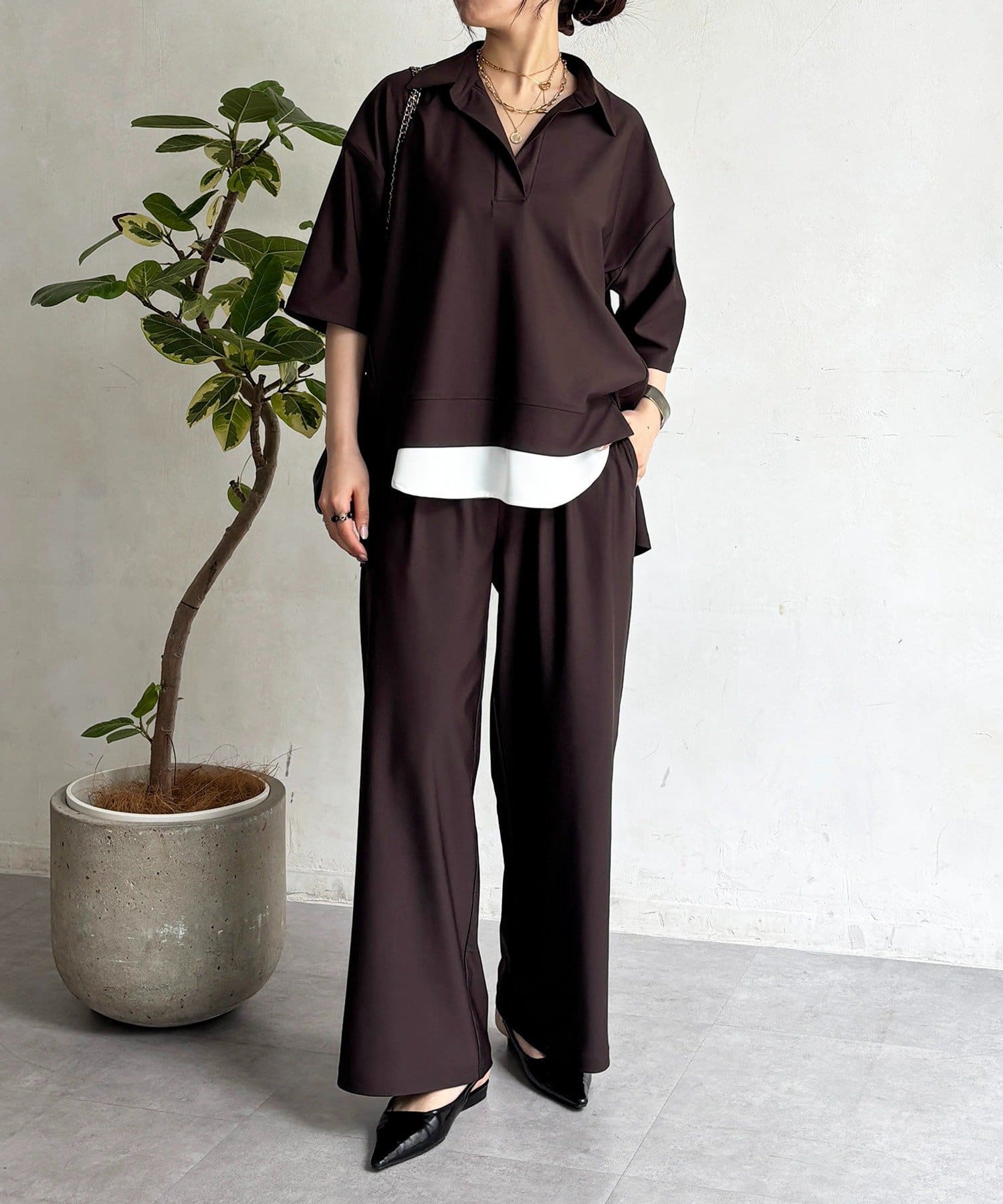 un dix cors(アンディコール) スキッパーシャツ×パンツセットアップ