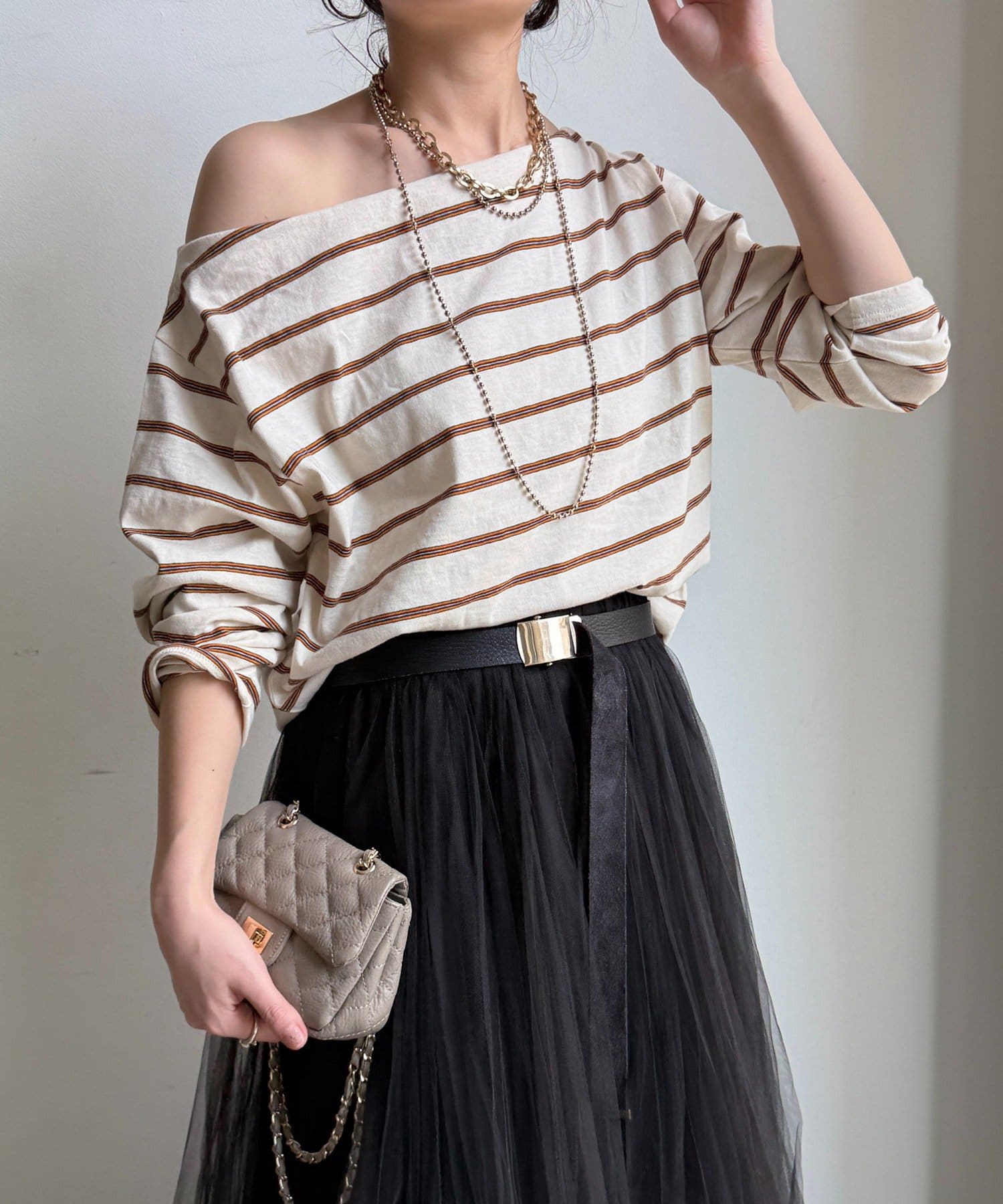 DOUDOU(ドゥドゥ) マルチボーダーオフショルTEE