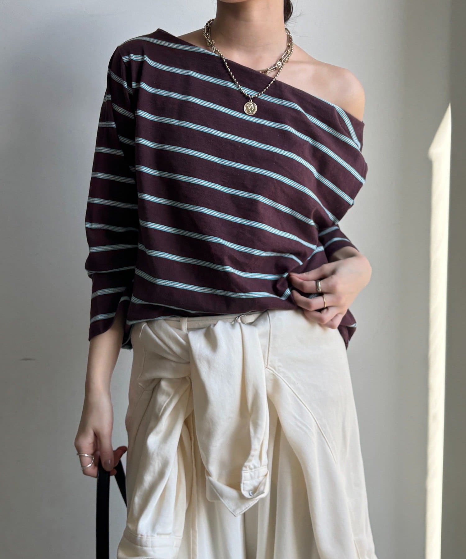 DOUDOU(ドゥドゥ) マルチボーダーオフショルTEE