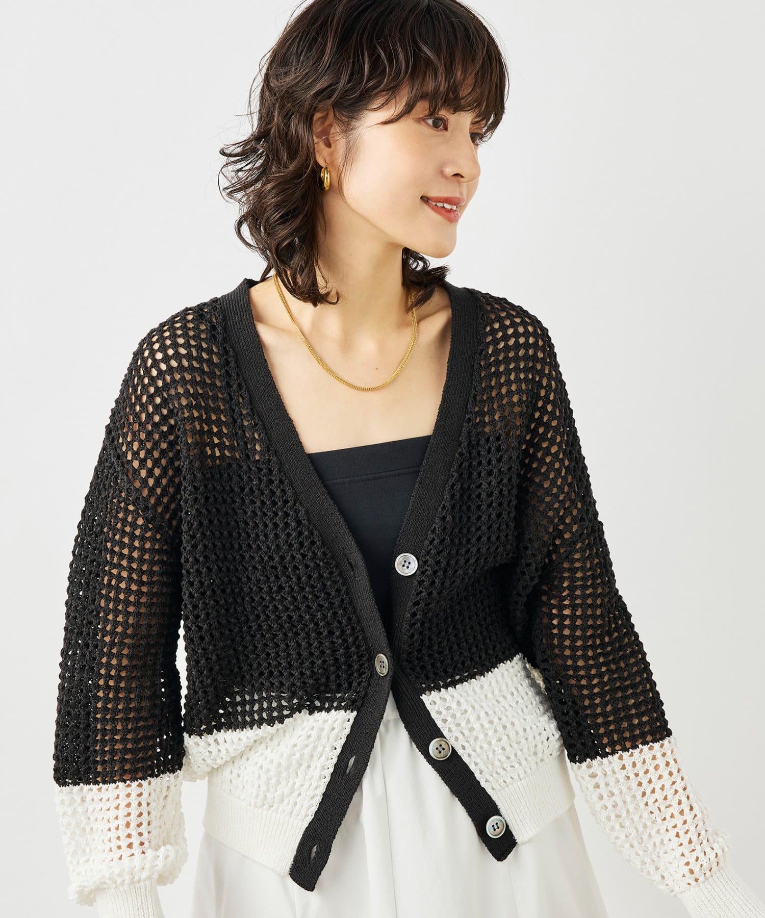 NOLLEY'S(ノーリーズ) 《手洗い可能》テープメッシュ編Vネックカーディガン