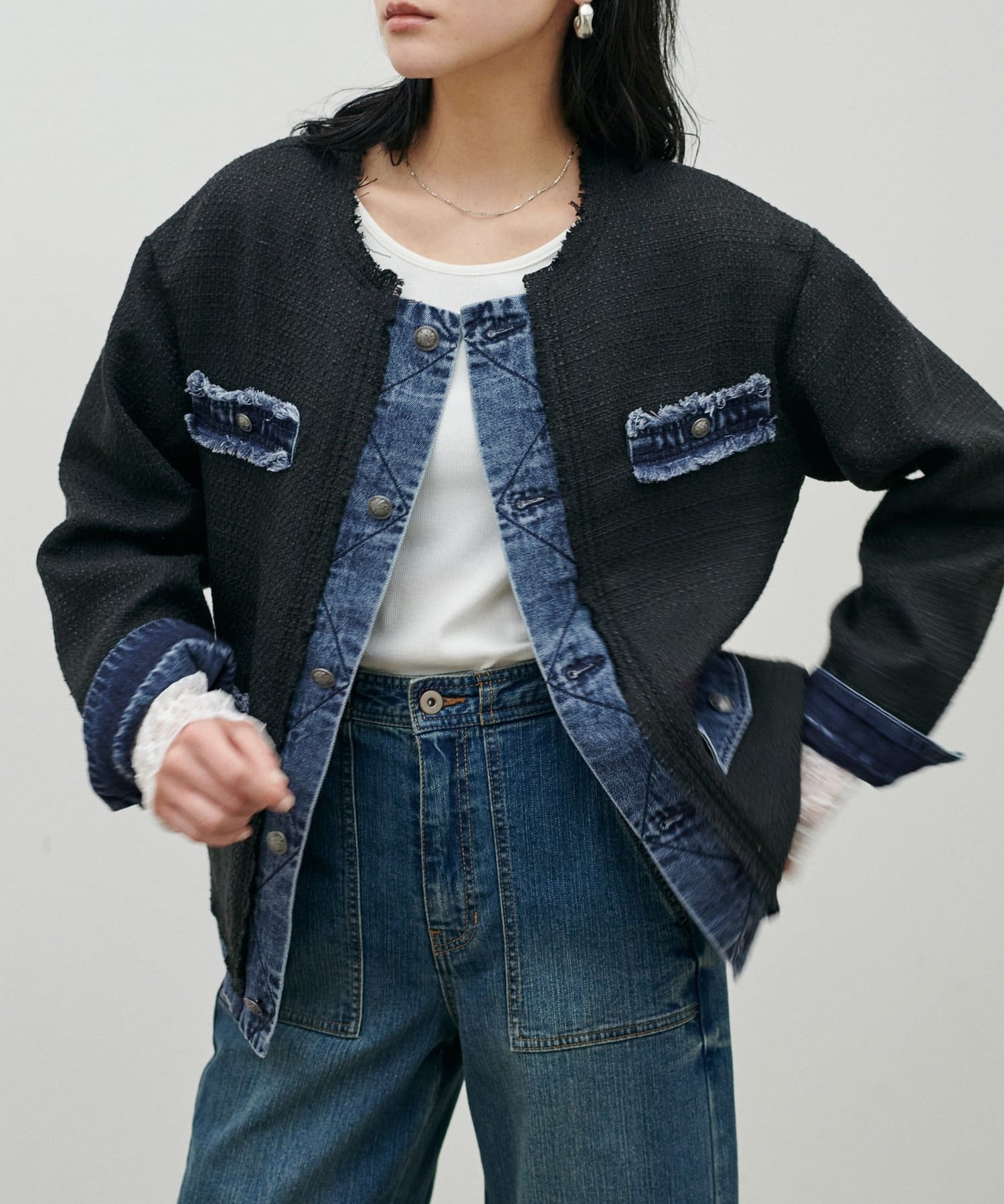 LARUTA(ラルータ) ツイード×デニムノーカラージャケット