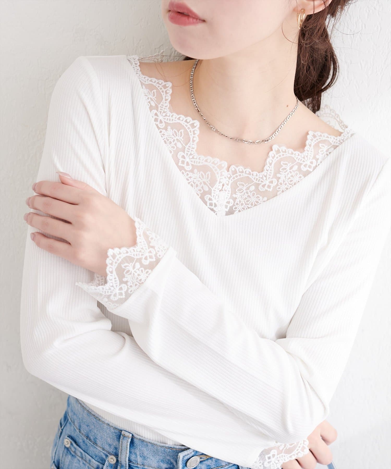 natural couture(ナチュラルクチュール) チュールレース付きテレコプルオーバー