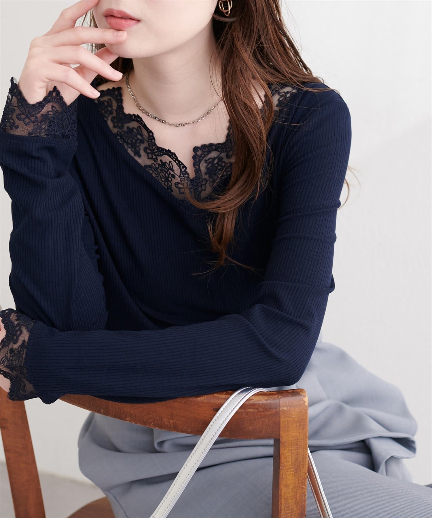 natural couture(ナチュラルクチュール) チュールレース付きテレコプルオーバー