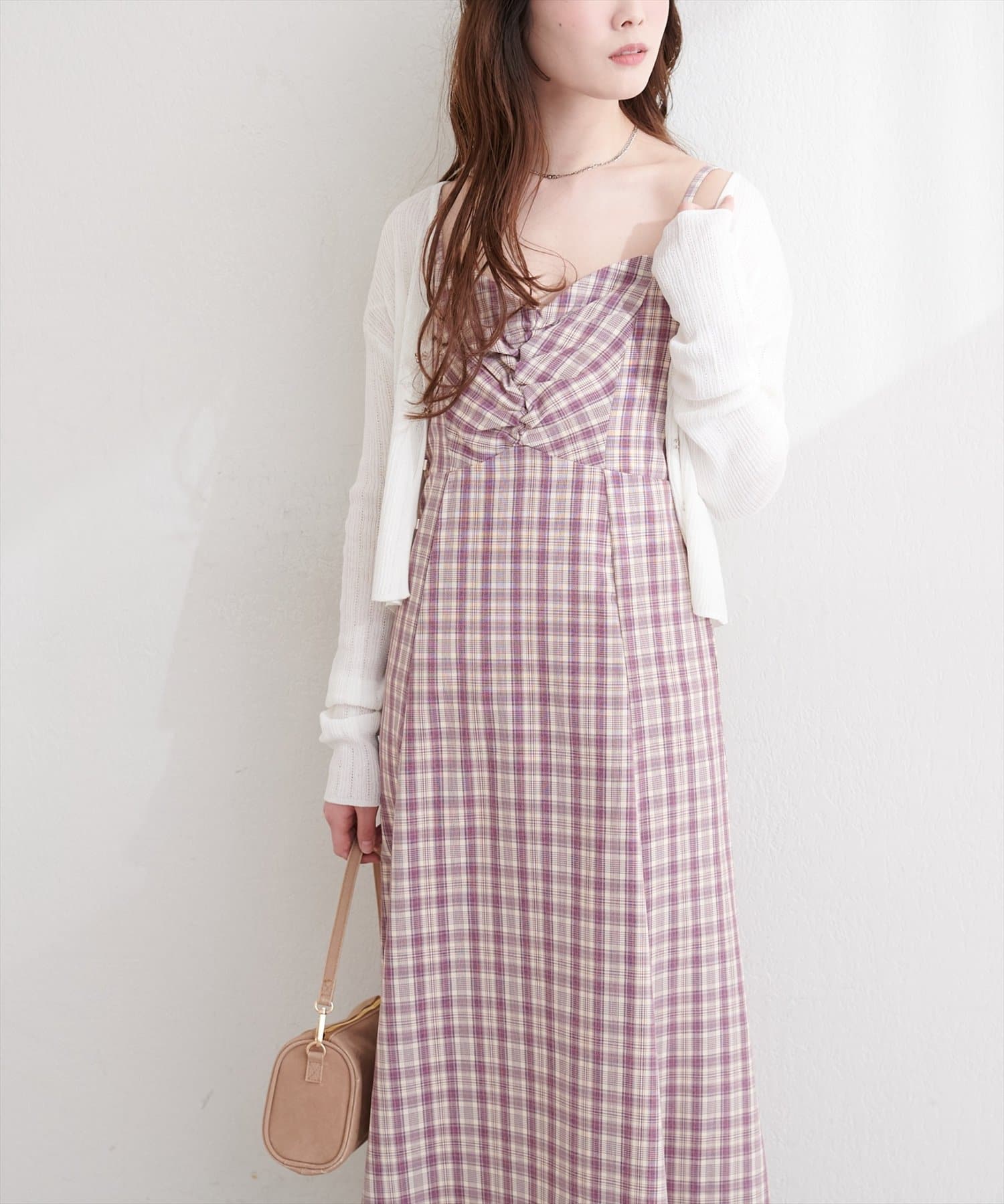 natural couture(ナチュラルクチュール) フロントギャザーチェック柄ワンピース