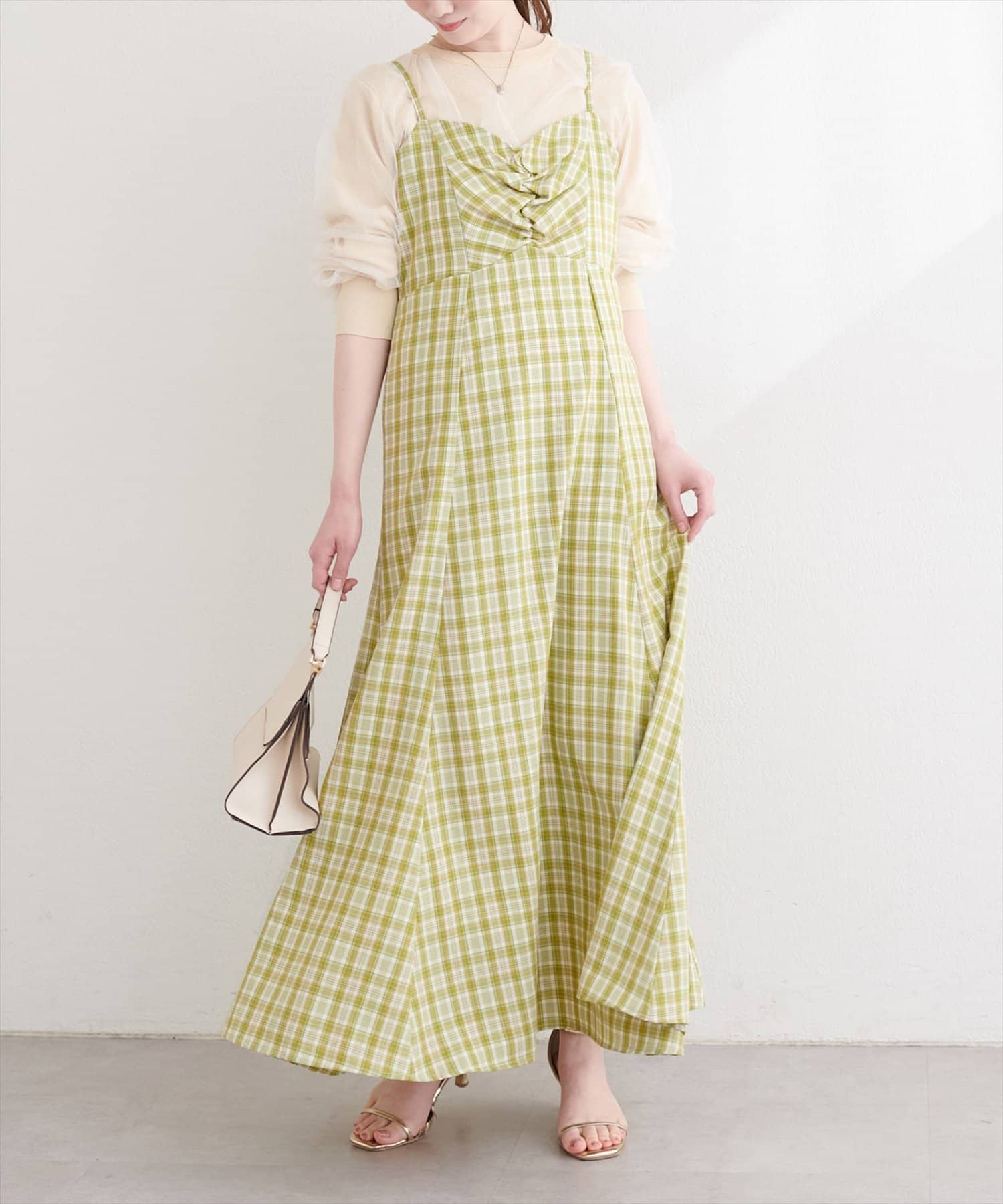 natural couture(ナチュラルクチュール) フロントギャザーチェック柄ワンピース