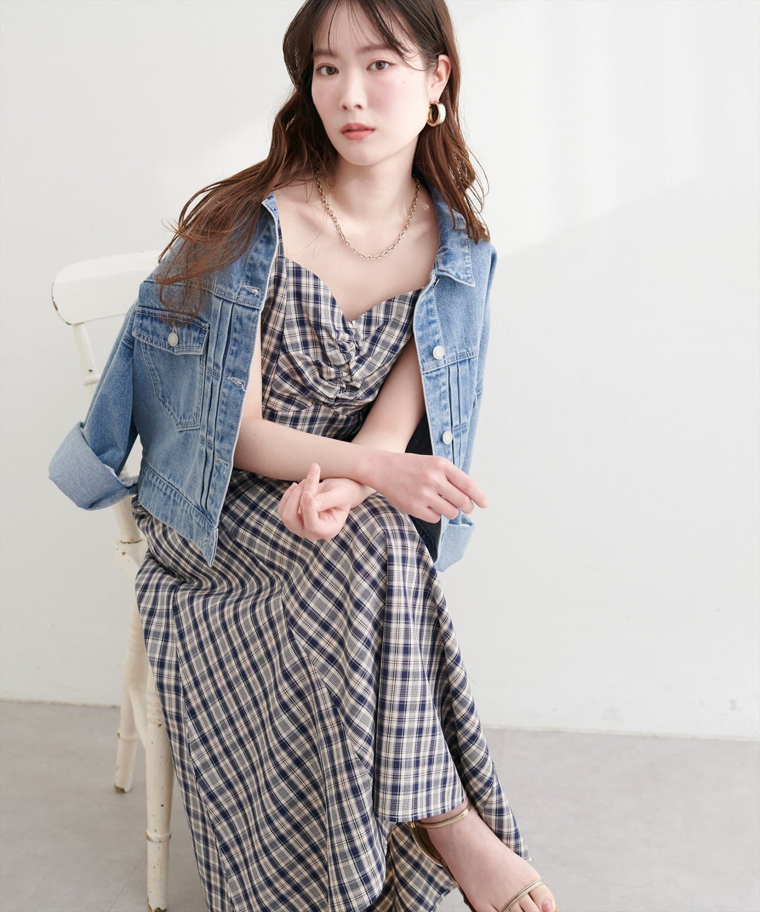 natural couture(ナチュラルクチュール) フロントギャザーチェック柄ワンピース