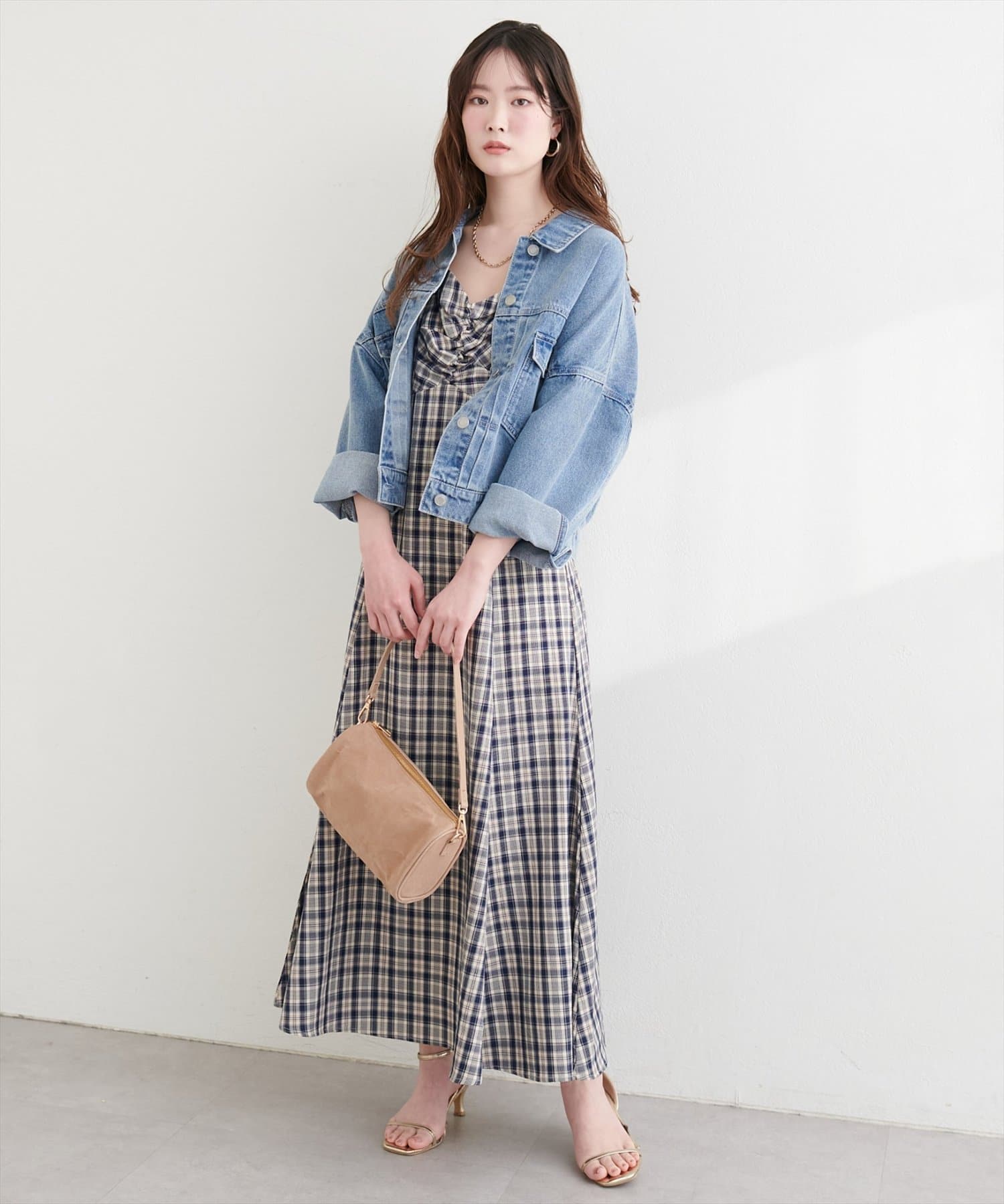 natural couture(ナチュラルクチュール) フロントギャザーチェック柄ワンピース