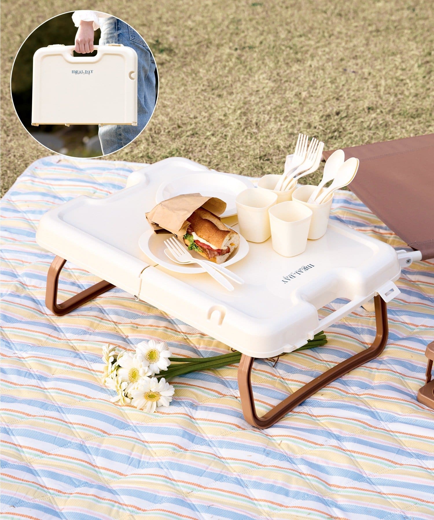 3COINS(スリーコインズ) カトラリー付きレジャーテーブル／SPRING PICNIC