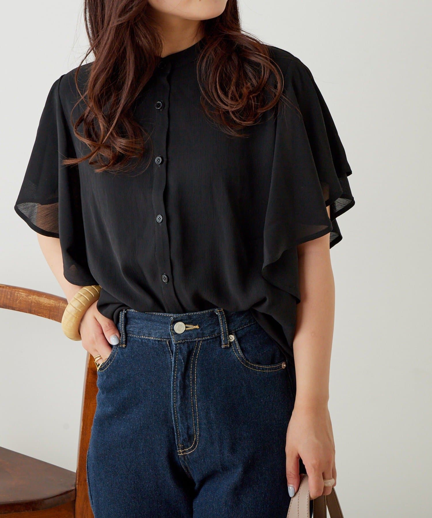 NICE CLAUP / OLIVE des OLIVE OUTLET(ナイスクラップ  / オリーブ デ オリーブ アウトレット) 【OUTLET限定】【continuer】袖フレアーバンドカラーシャツ