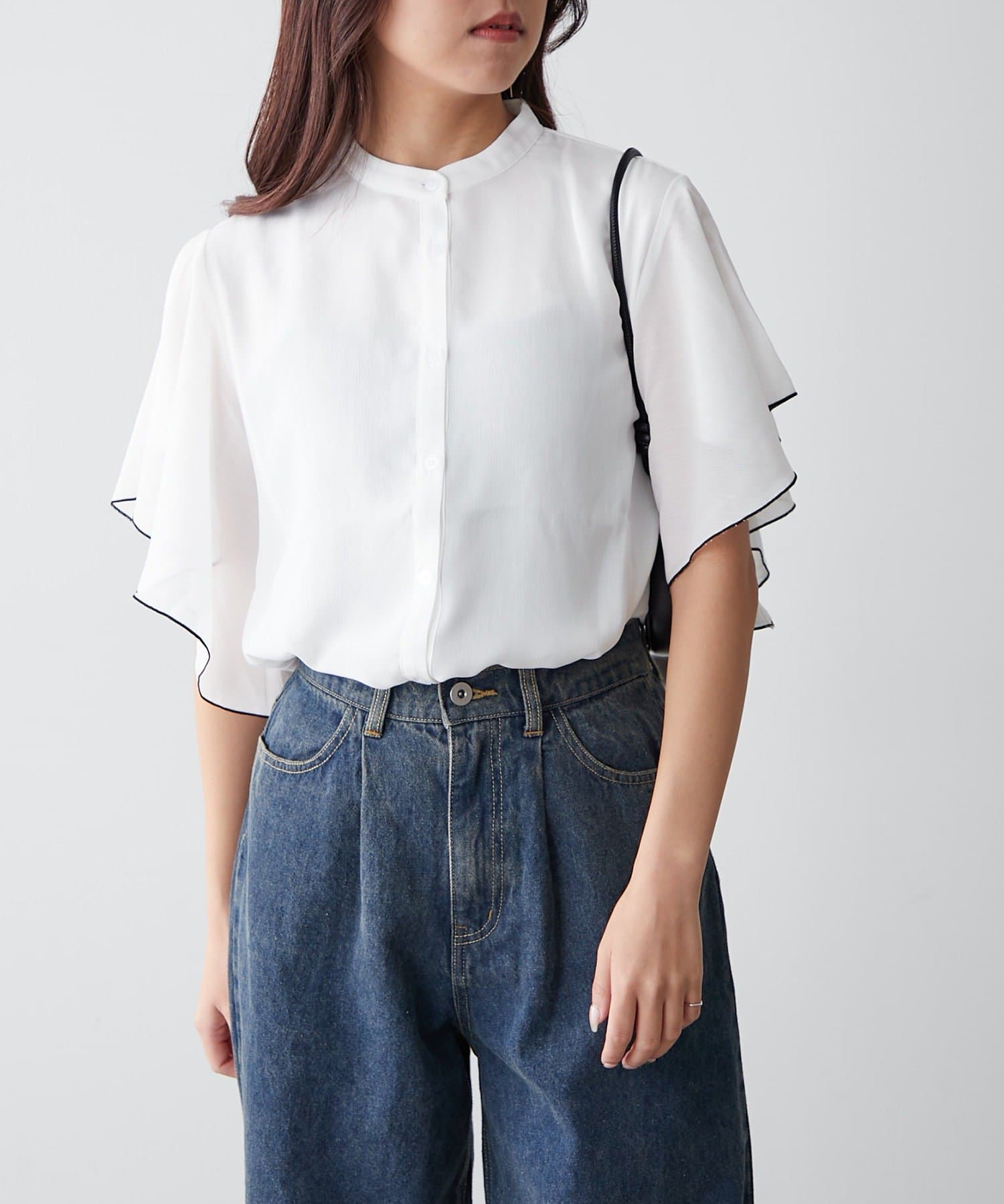 NICE CLAUP / OLIVE des OLIVE OUTLET(ナイスクラップ  / オリーブ デ オリーブ アウトレット) 【OUTLET限定】【continuer】袖フレアーバンドカラーシャツ