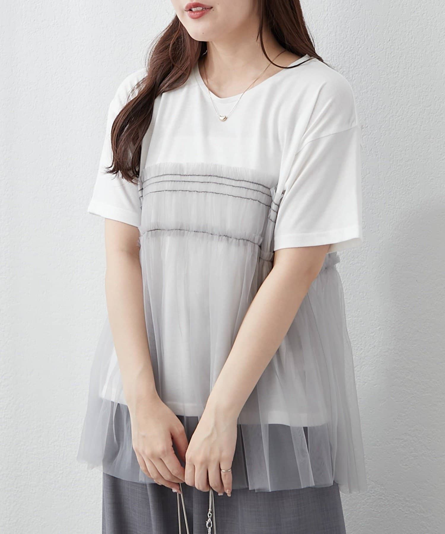 NICE CLAUP / OLIVE des OLIVE OUTLET(ナイスクラップ  / オリーブ デ オリーブ アウトレット) 【RMAF】【きれいめカジュアル】チュールドッキングTシャツ