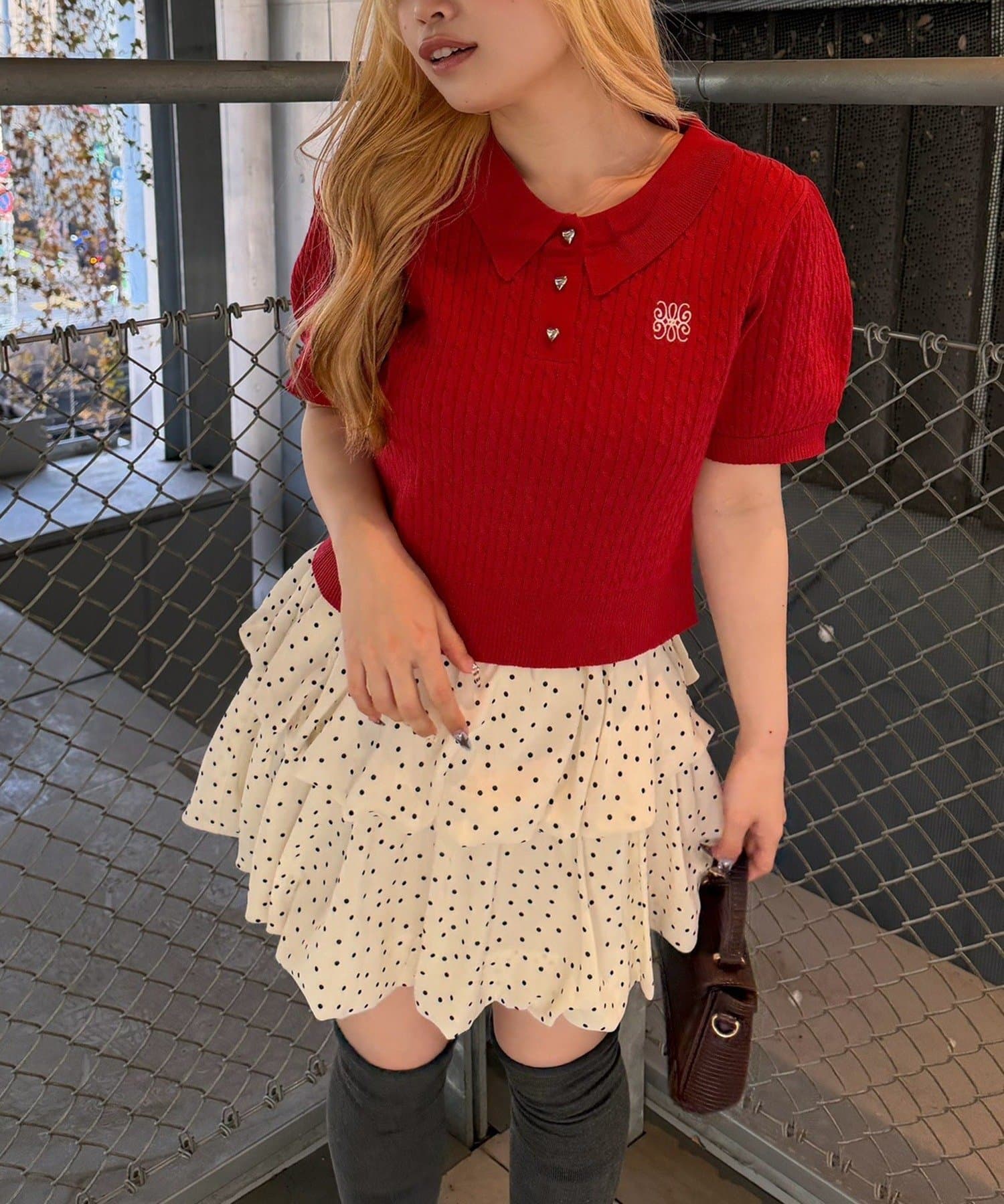 NICE CLAUP / OLIVE des OLIVE OUTLET(ナイスクラップ  / オリーブ デ オリーブ アウトレット) 【continuer】ケーブル半袖ポロニット