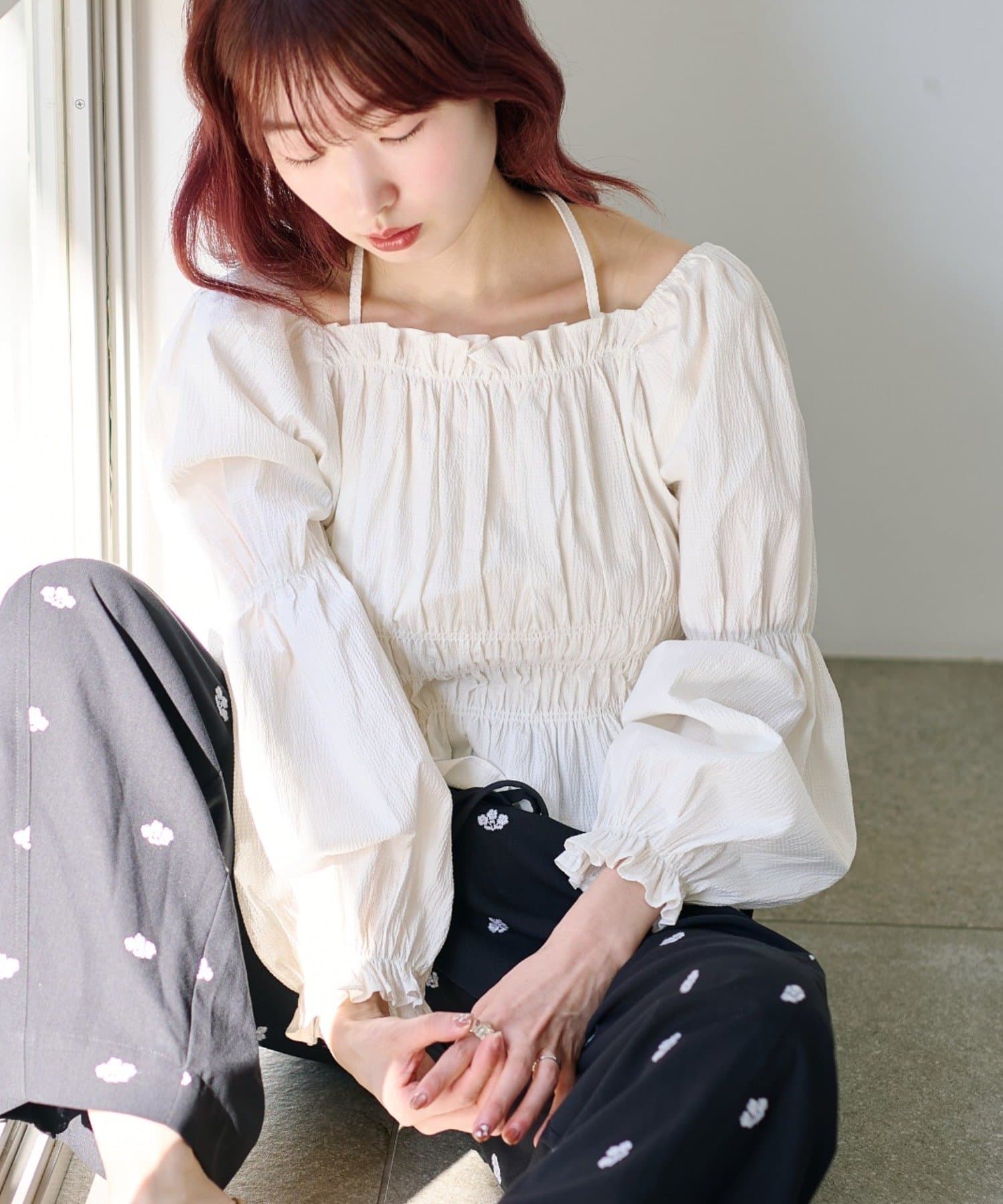 Kastane(カスタネ) 【2.20(金)12:00発売/WEB先行/チェック&無地】シャーリングリボンブラウス