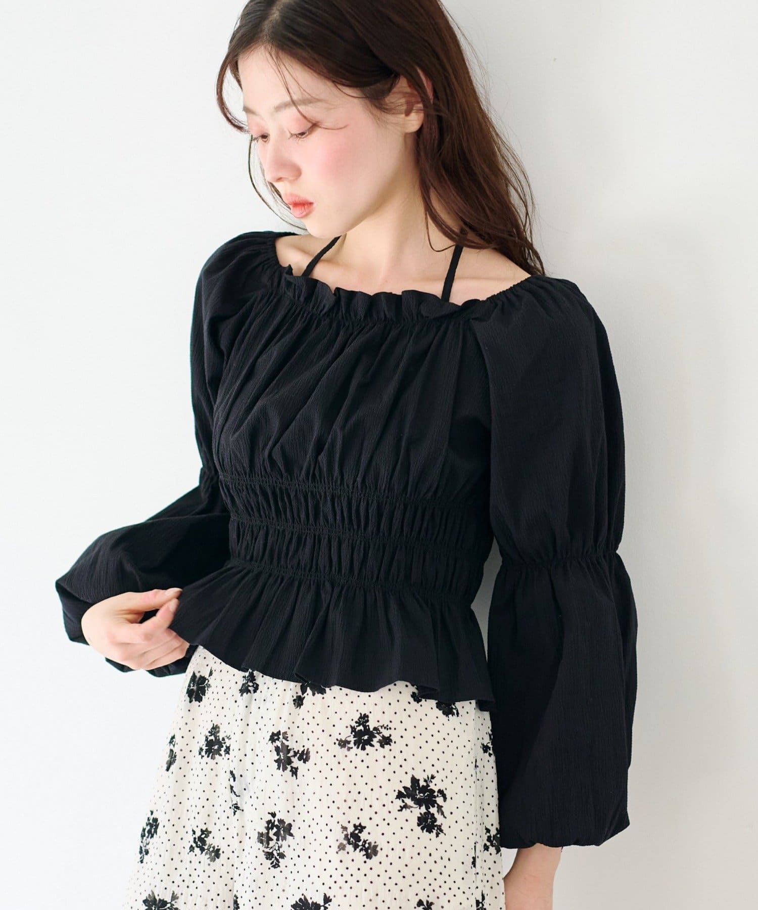 Kastane(カスタネ) 【2.20(金)12:00発売/WEB先行/チェック&無地】シャーリングリボンブラウス