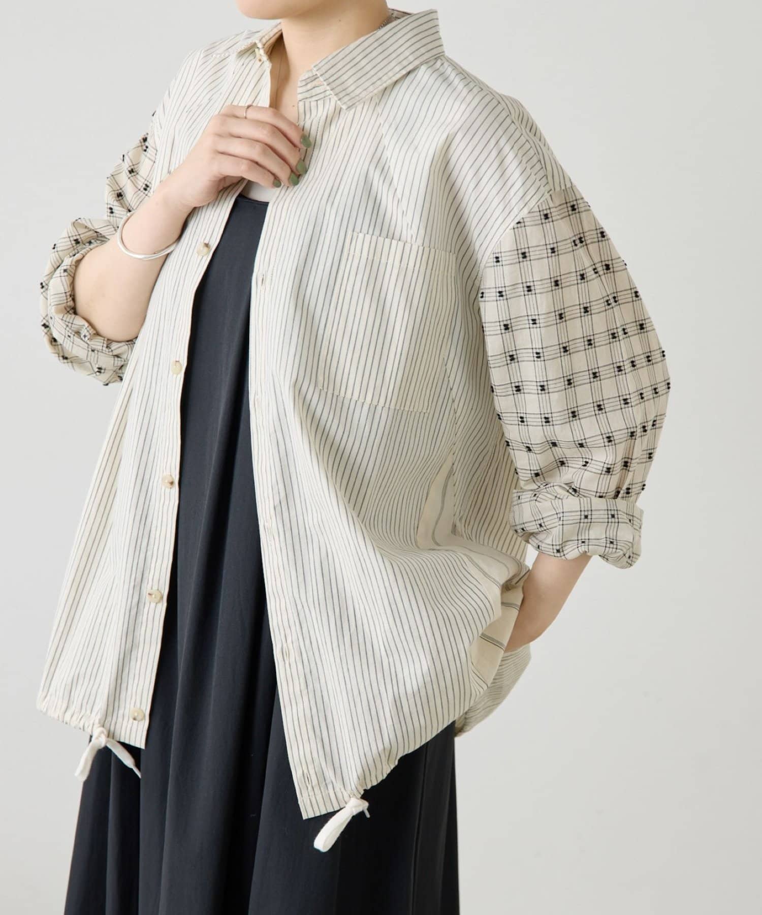 ear PAPILLONNER(イア パピヨネ) 《透け感/リラックス/裾ドロスト付き/ストライプ》柄切り替えシャツ【SUM1 STYLE(スミスタイル)】