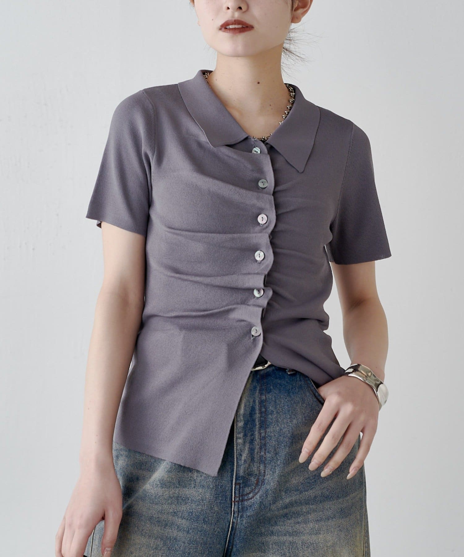 Lui's(ルイス) 前ギャザーデザイン半袖ニットプルオーバー