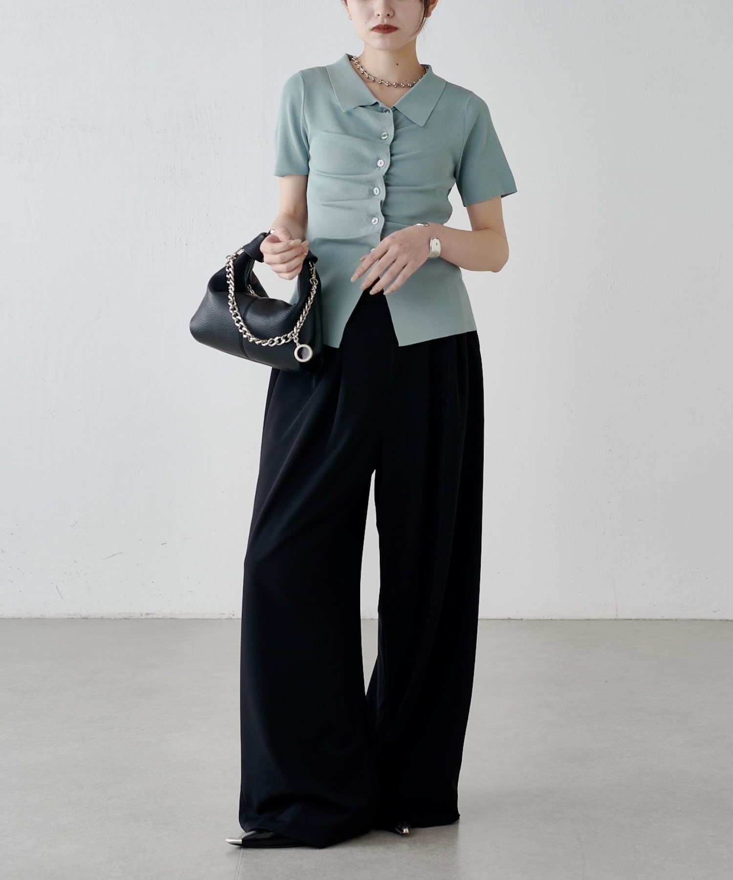 Lui's(ルイス) 前ギャザーデザイン半袖ニットプルオーバー