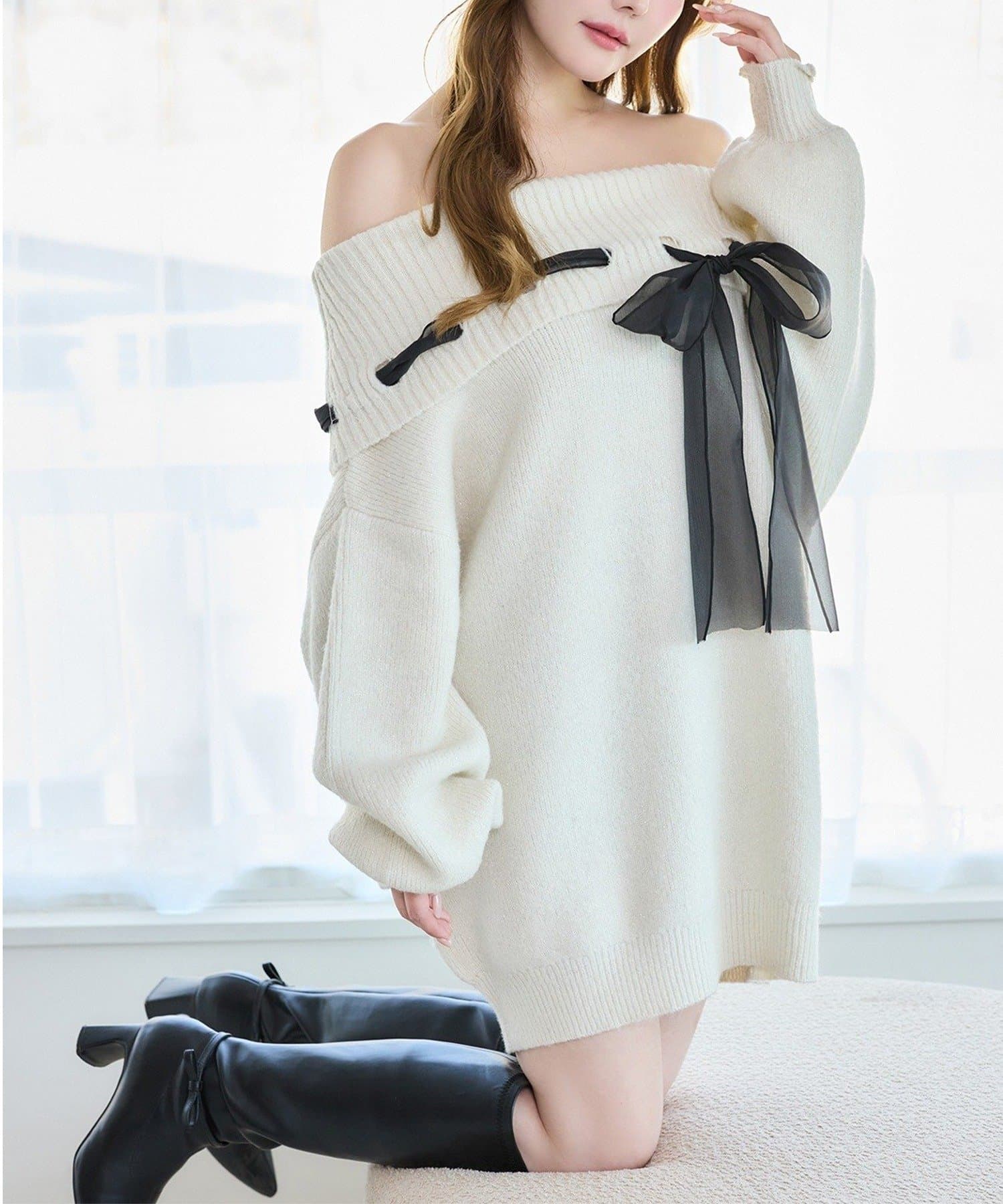 NICE CLAUP / OLIVE des OLIVE OUTLET(ナイスクラップ  / オリーブ デ オリーブ アウトレット) 【one after another】リボン付きオフショルニットワンピ