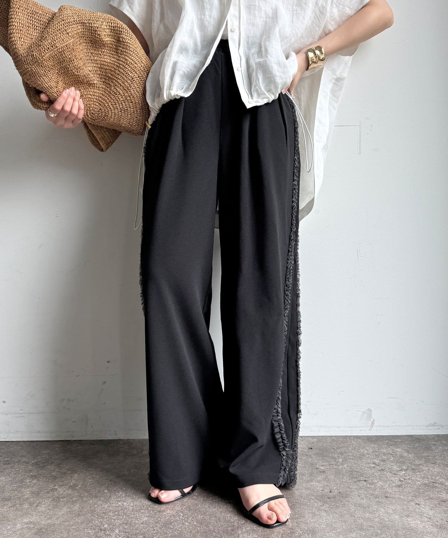 DOUDOU(ドゥドゥ) 【WEB限定】カットジョーゼットサイドチュールフリルパンツ