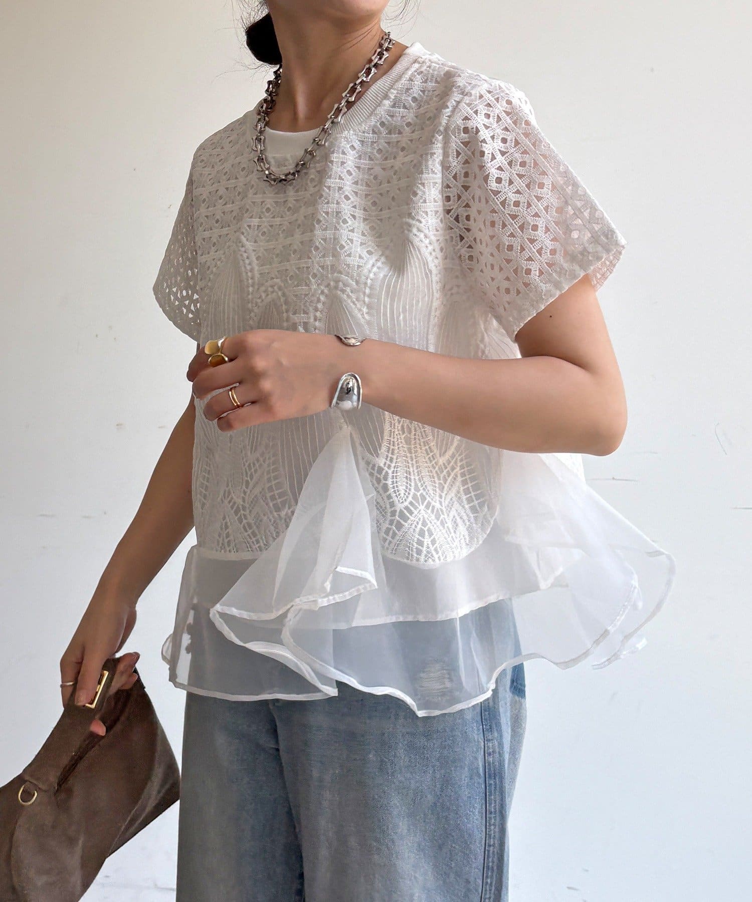 DOUDOU(ドゥドゥ) 【WEB限定】レース×オーガンジーフリルプルオーバー