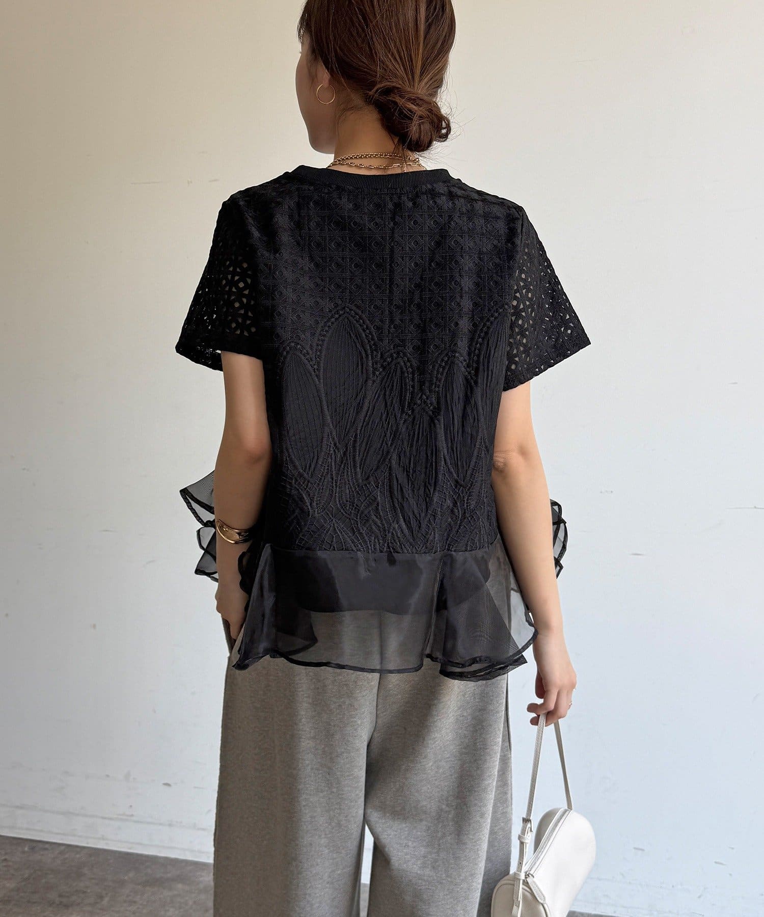 DOUDOU(ドゥドゥ) 【WEB限定】レース×オーガンジーフリルプルオーバー