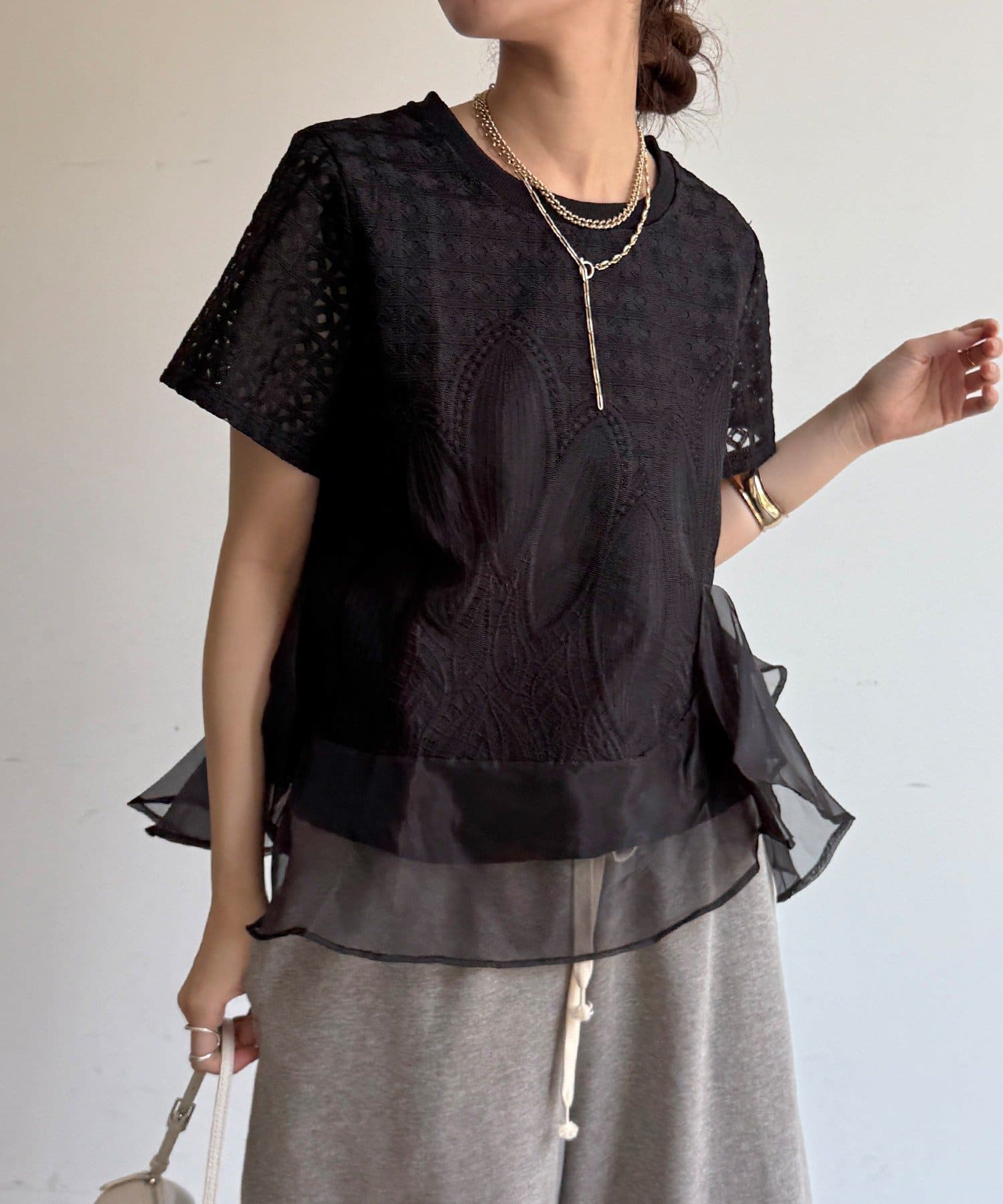 DOUDOU(ドゥドゥ) 【WEB限定】レース×オーガンジーフリルプルオーバー