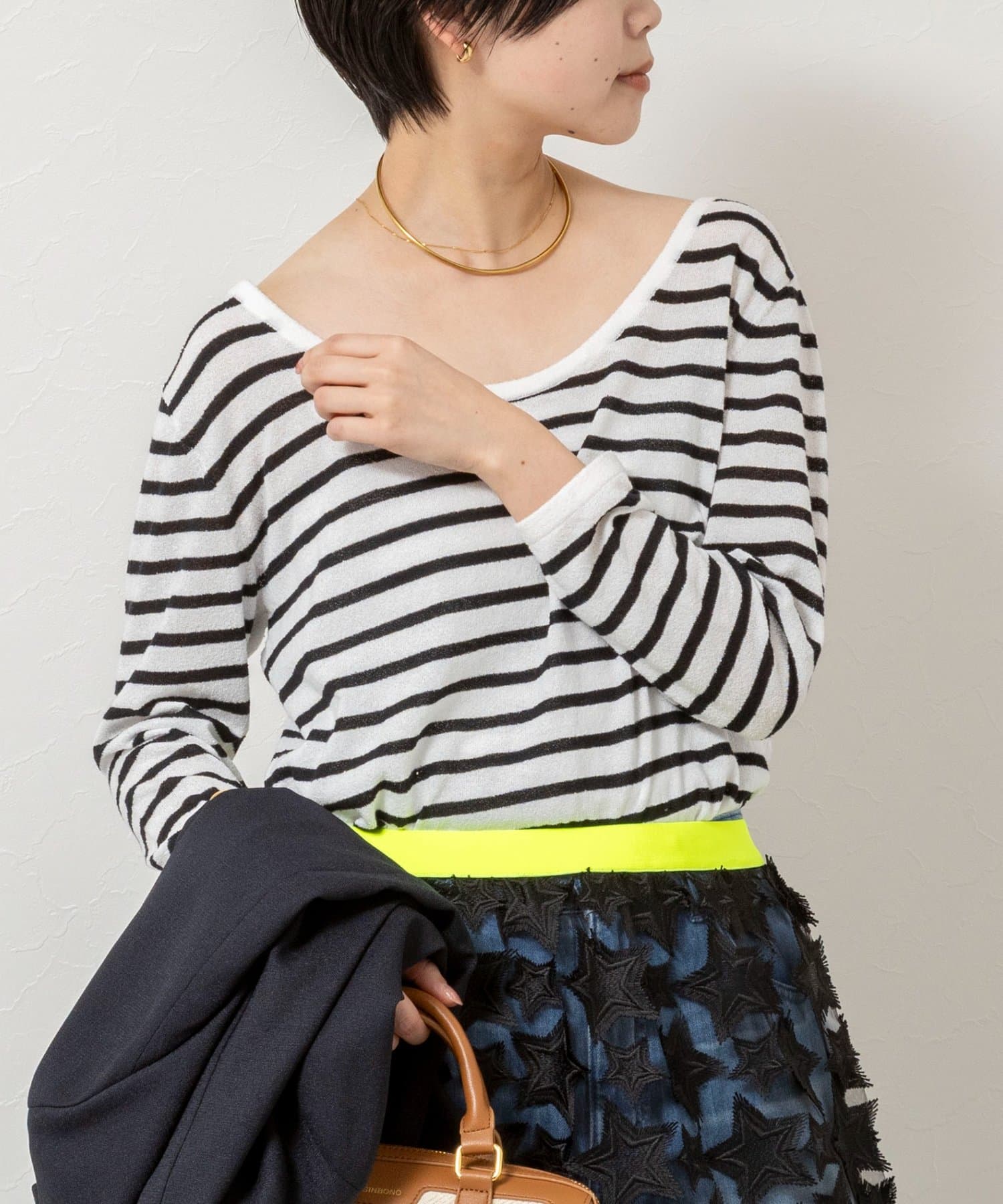 NOLLEY'S(ノーリーズ) ウォッシャブルブークレーボーダーバックUネックプルオーバー