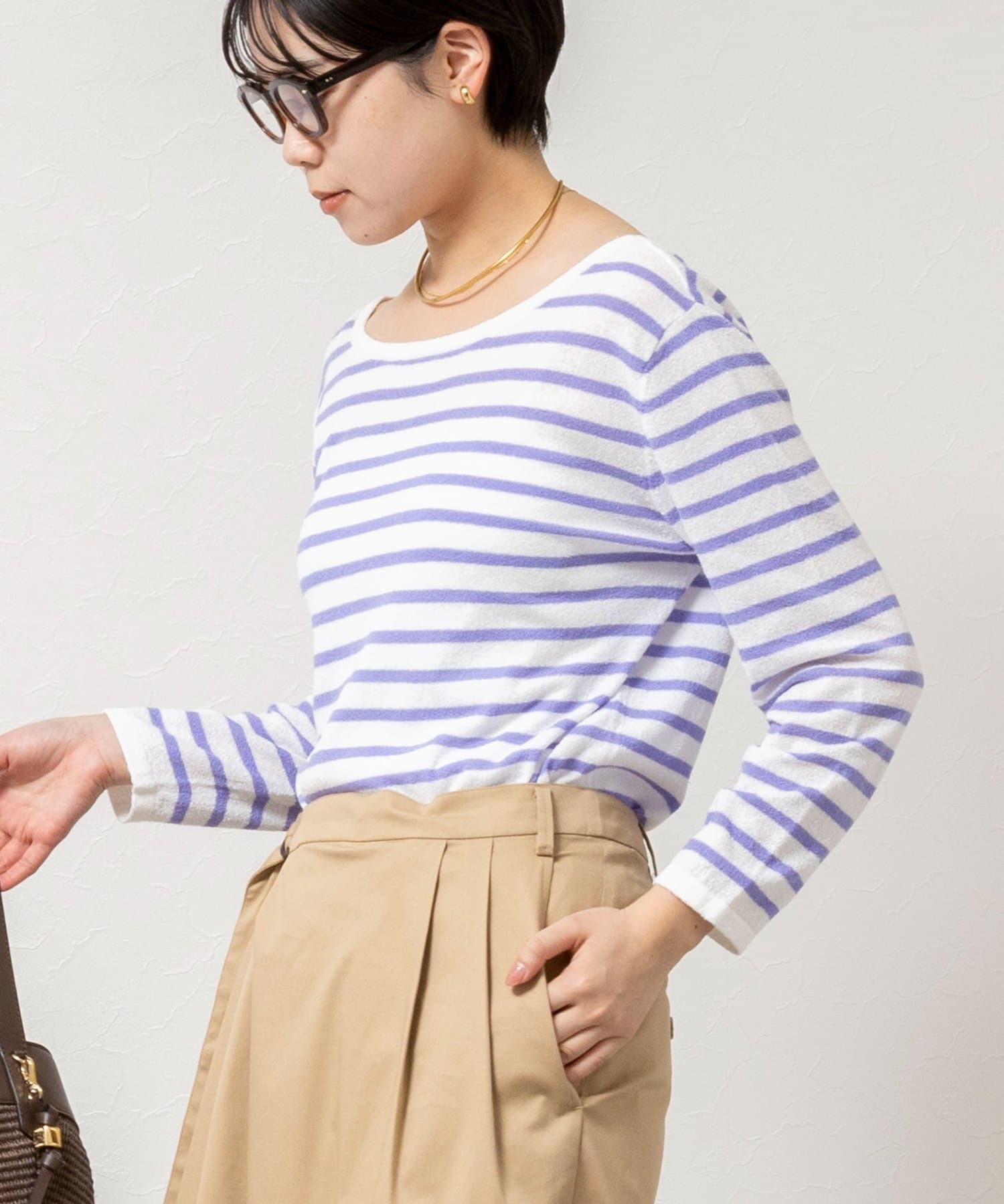 NOLLEY'S(ノーリーズ) ウォッシャブルブークレーボーダーバックUネックプルオーバー