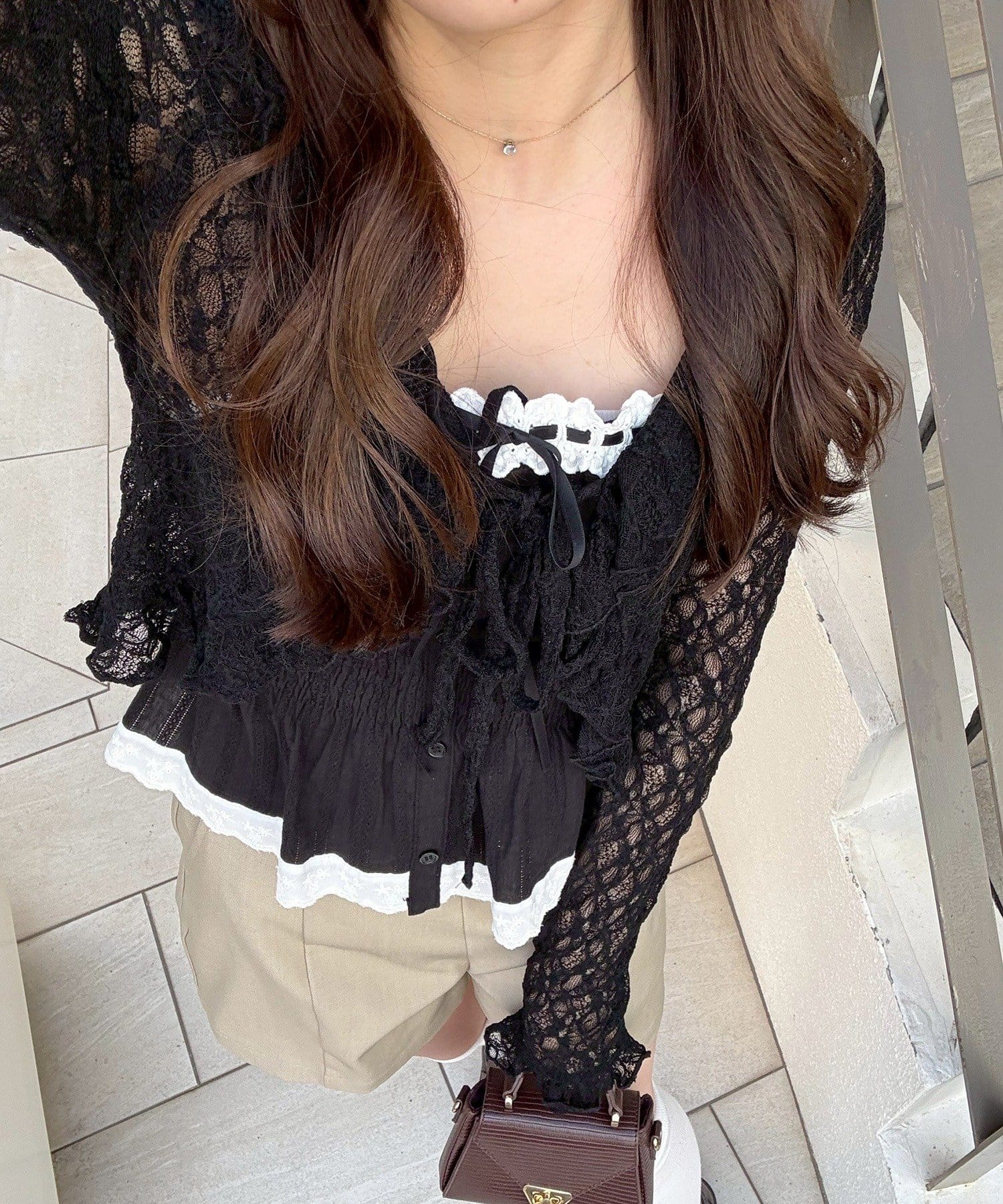 NICE CLAUP / OLIVE des OLIVE OUTLET(ナイスクラップ  / オリーブ デ オリーブ アウトレット) 【continuer】【繊細なレースとフリルが主役級】ラッフルフリフリカーデ