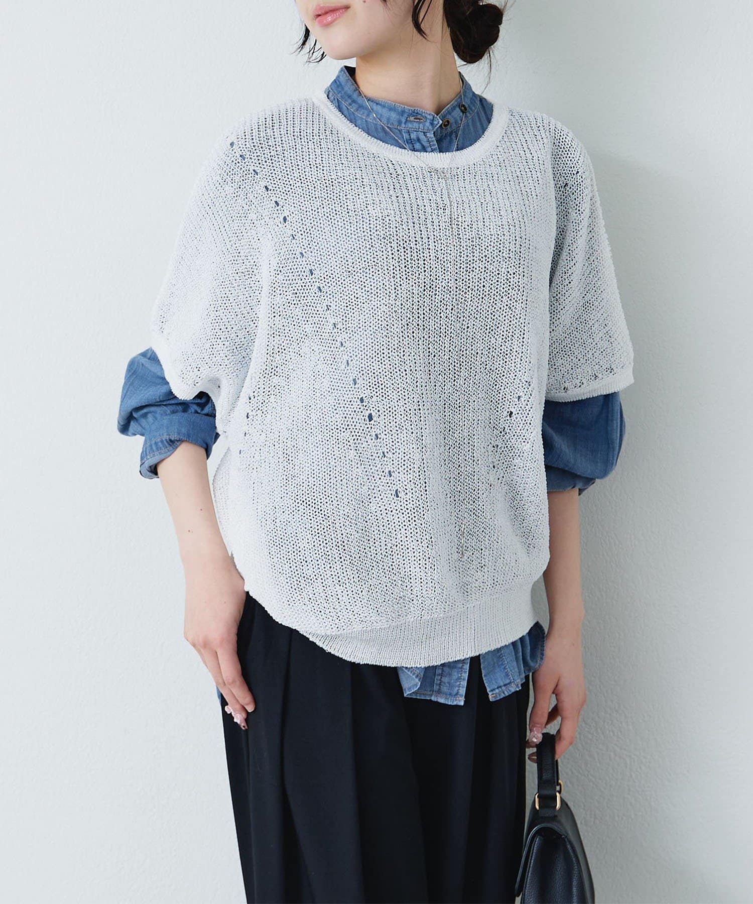 PUAL CE CIN(ピュアルセシン) アイレットデザインテープヤーンハーフスリーブニット