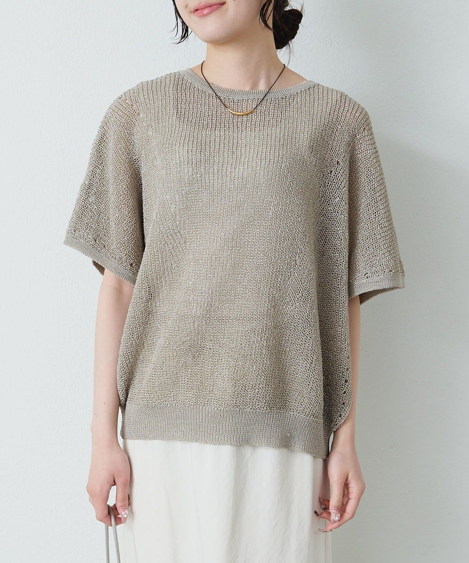 PUAL CE CIN(ピュアルセシン) アイレットデザインテープヤーンハーフスリーブニット