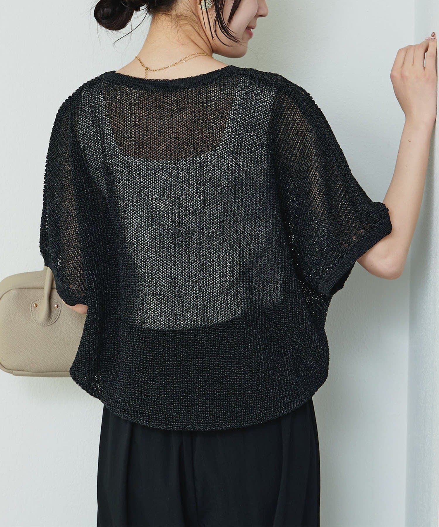 PUAL CE CIN(ピュアルセシン) アイレットデザインテープヤーンハーフスリーブニット