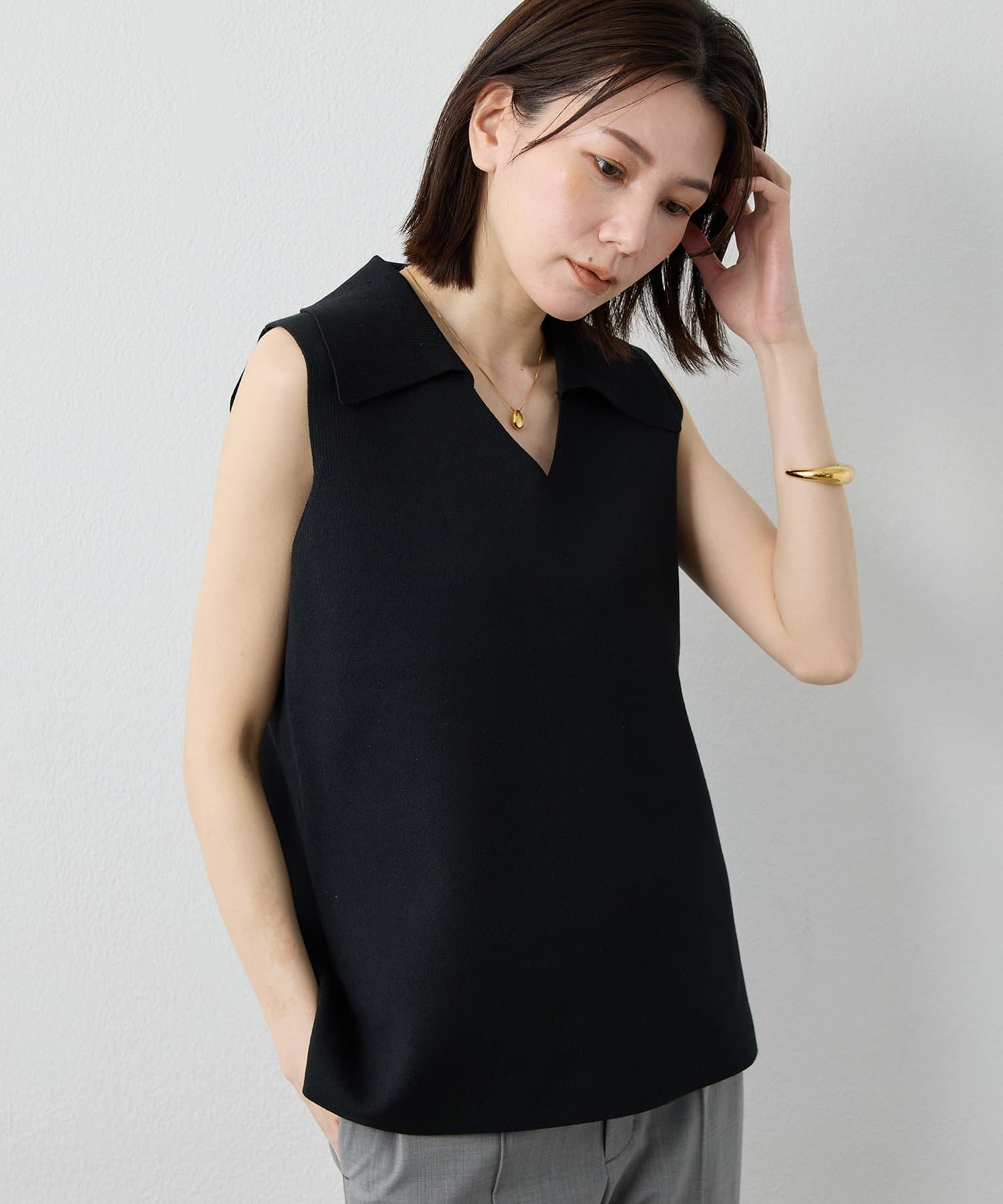 Whim Gazette(ウィム ガゼット) 【Drawing Numbers】ポロカラーノースリーブワイドニット