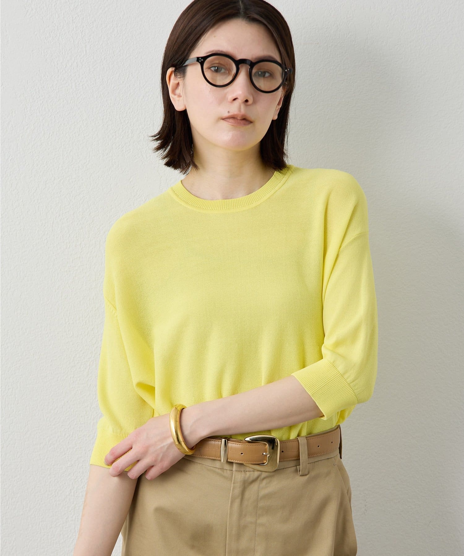 Whim Gazette(ウィム ガゼット) 【Drawing Numbers】クルーハーフスリーブ裾ラウンドニット