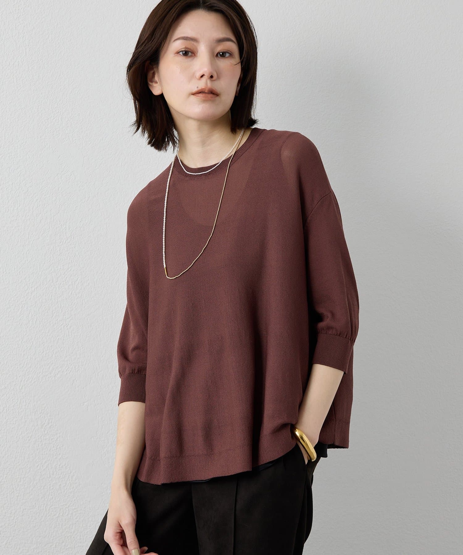 Whim Gazette(ウィム ガゼット) 【Drawing Numbers】クルーハーフスリーブ裾ラウンドニット