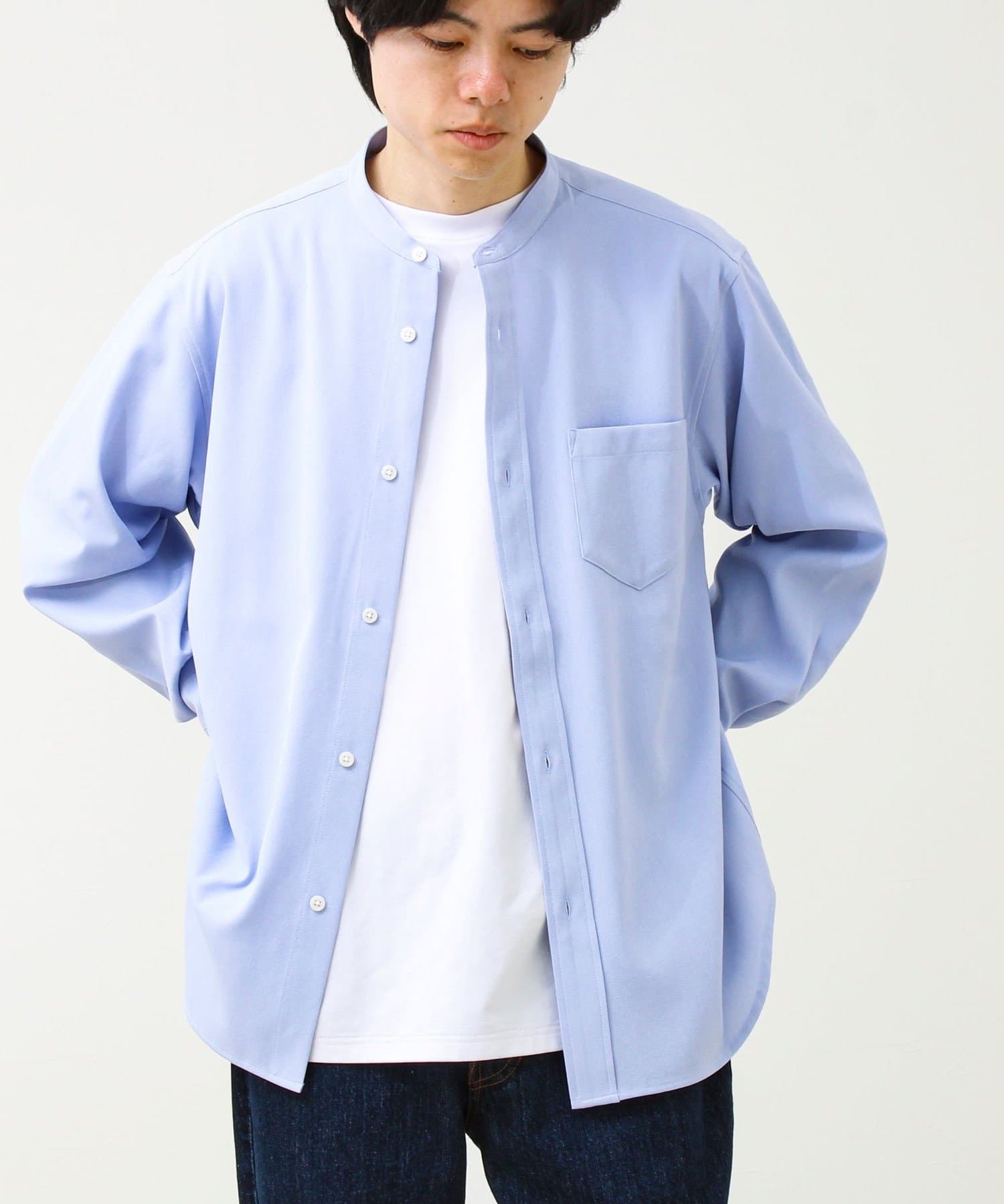 FREDY & GLOSTER(フレディ アンド グロスター) 【きれい見えラク素材】crunchyバンドカラーシャツ