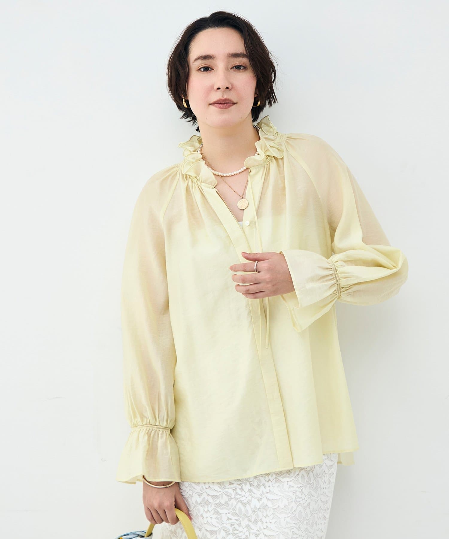 NOLLEY'S(ノーリーズ) ウォッシャブルシアーオーガンジーフリルネックブラウス